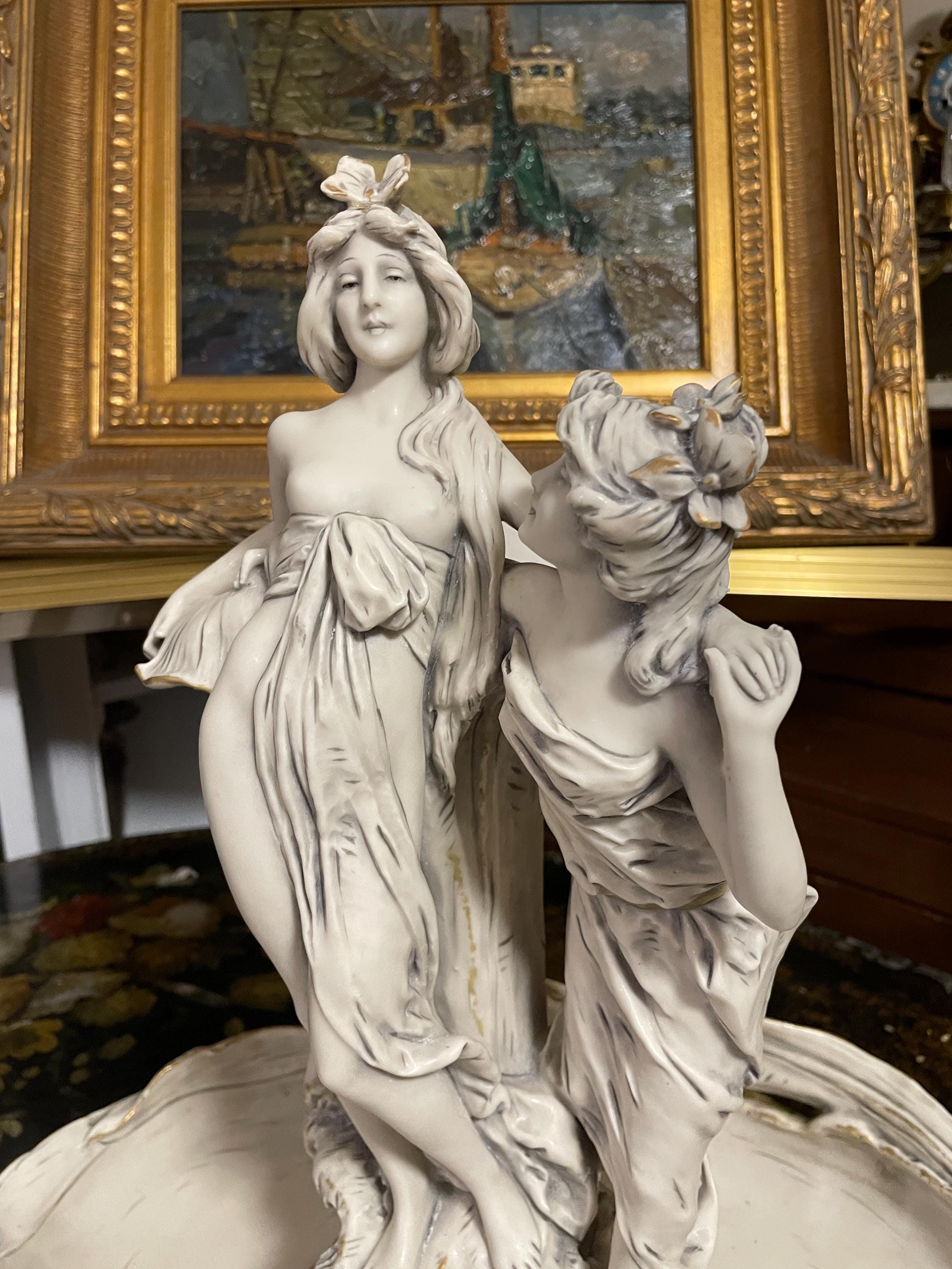 Vintage Italian Capodimonte Porcelain Figurine Centerpiece Dish with Art Nouveau Maidens Circa 20th Century Exquisite Collectible Home Decor