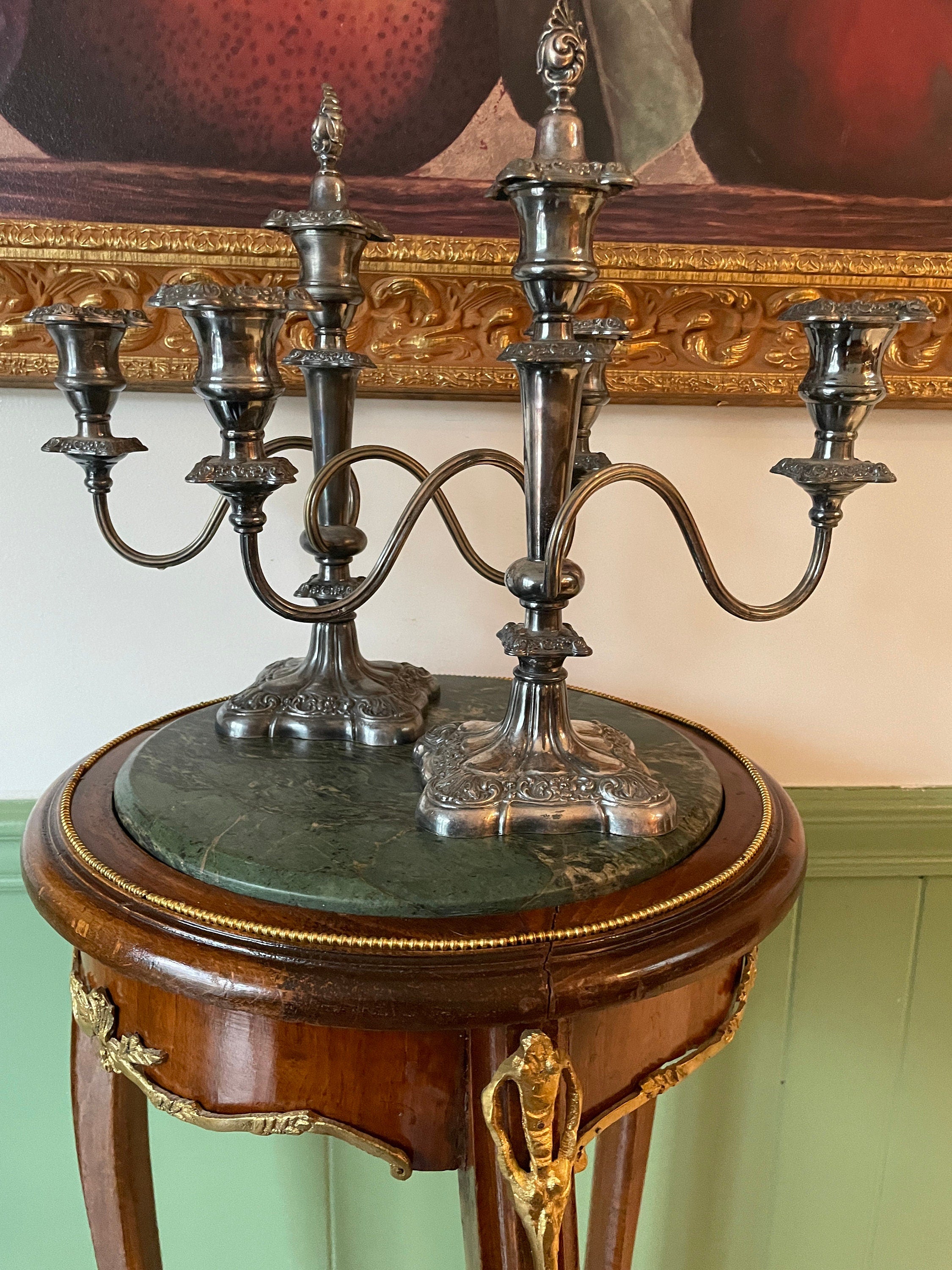 Antique Pair Silver Candelabra Five Arm Baroque Candle Holders Ornate Heavy Metal Candle Stand Classical Decoration Mantel Table Display