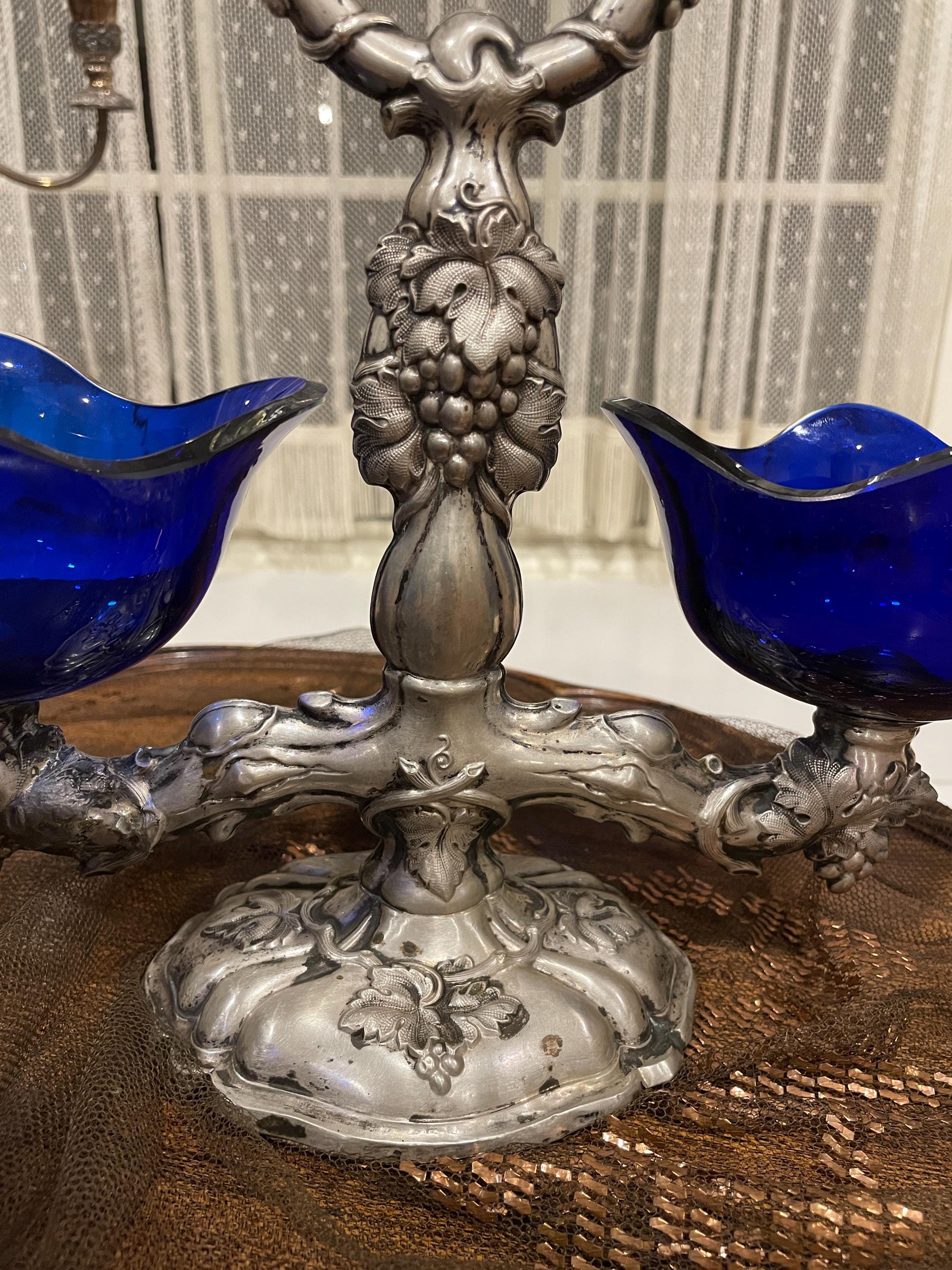 Antique Silver Salt Cellar Cobalt Blue Glass Insert Ornate Grape Design Rococo Centerpiece Victorian Dining Table Collectible Decoration