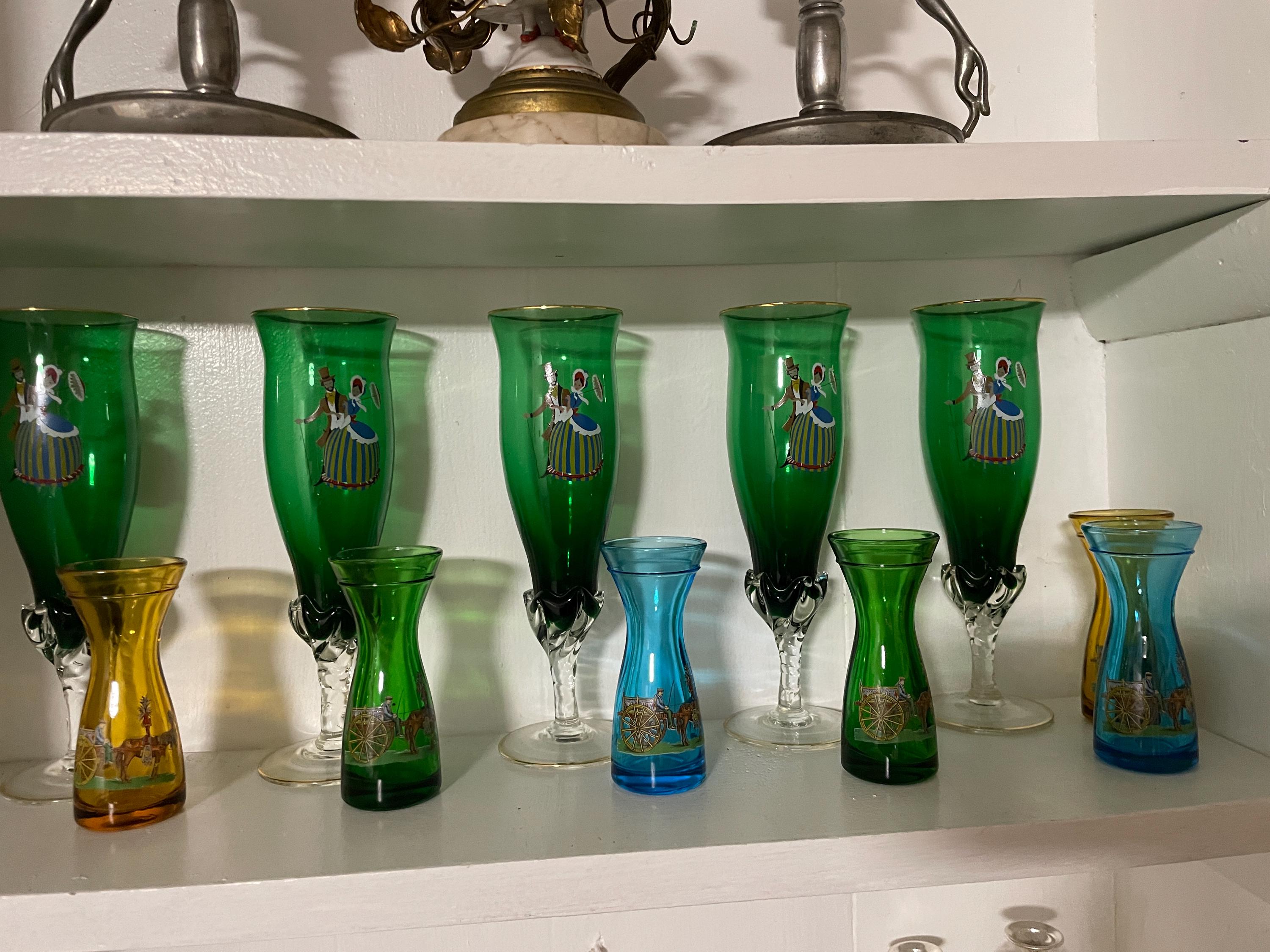 Vintage Green Glass Set Handpainted Figures Colorful Tumblers Elegant Barware Collectible Retro Goblets Unique Gift Antique Decoration Charm