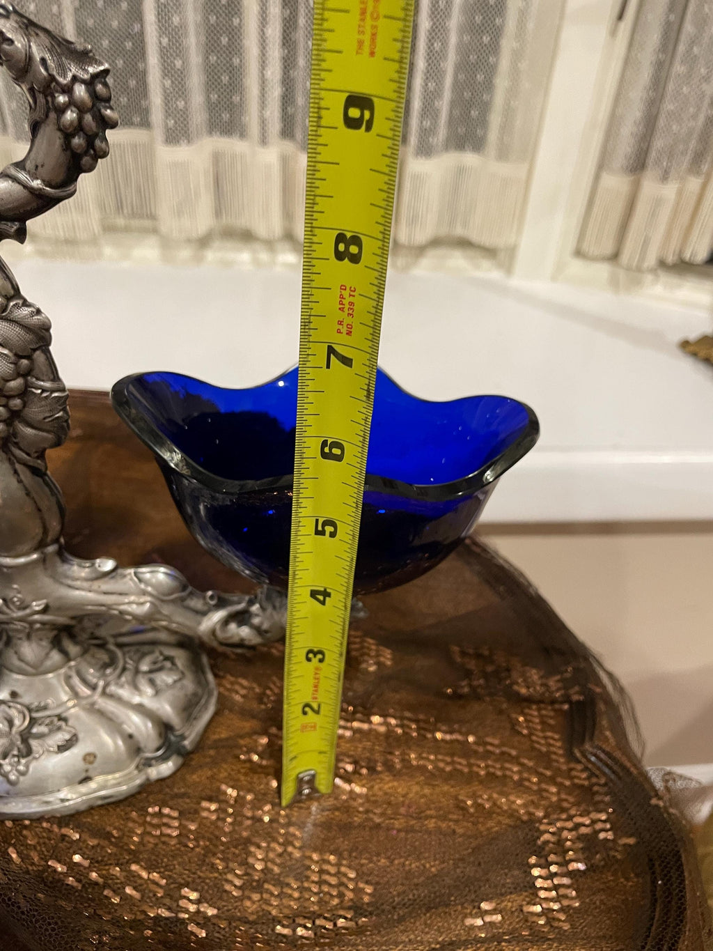Antique Silver Salt Cellar Cobalt Blue Glass Insert Ornate Grape Design Rococo Centerpiece Victorian Dining Table Collectible Decoration
