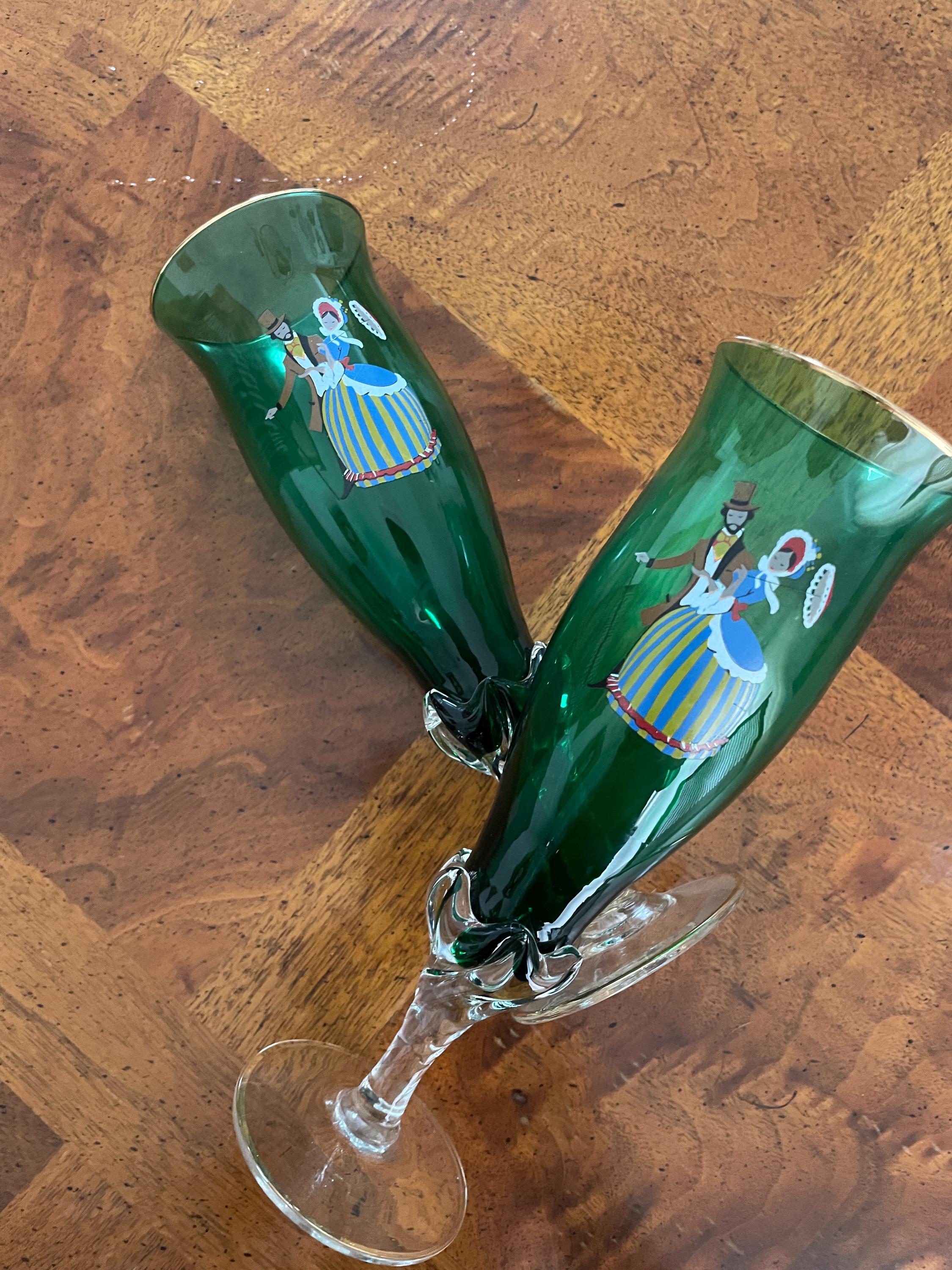Vintage Green Glass Set Handpainted Figures Colorful Tumblers Elegant Barware Collectible Retro Goblets Unique Gift Antique Decoration Charm