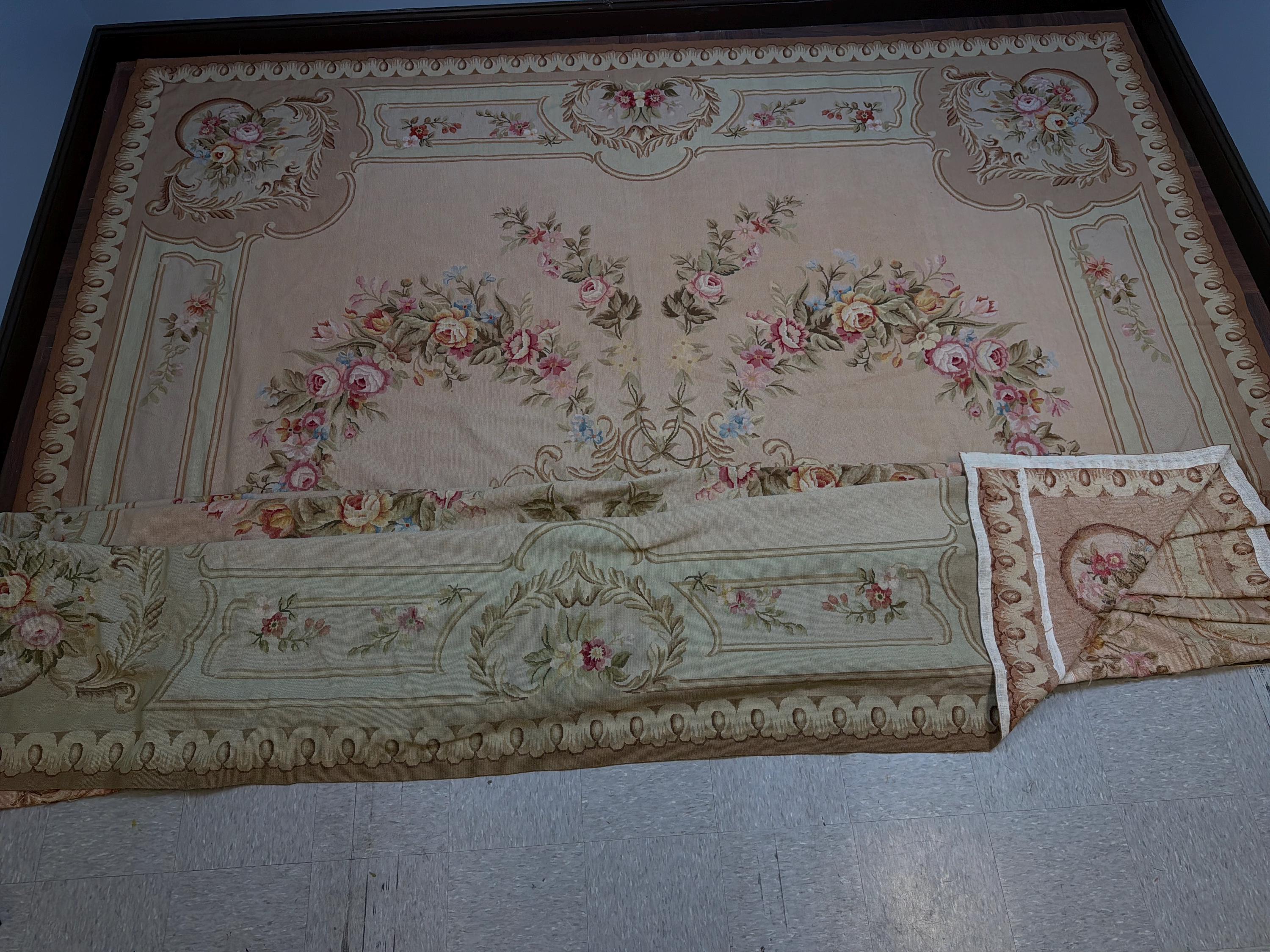 Oversized French Aubusson Style Needlepoint Rug, Floral Mansion Carpet, Shabby Chic Estate Decor