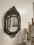 Antique French Bronze Rococo Mirror, Ornate Floral Crest, Beveled Glass