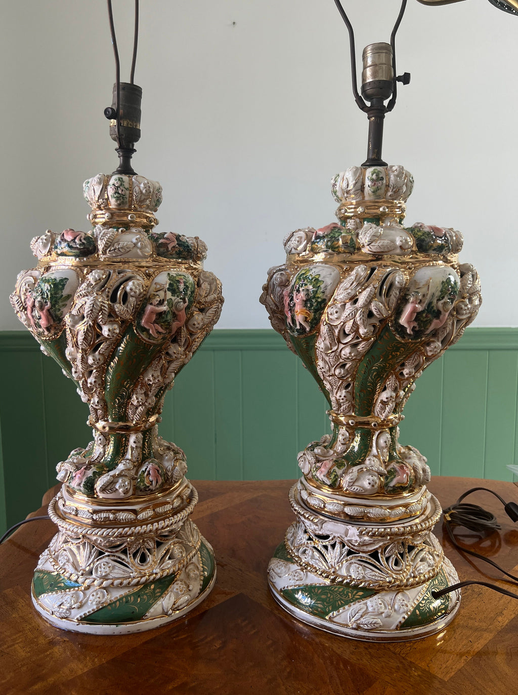 Pair Of Italian Baroque Style Cherub Porcelain Lamps Hand Painted Gilded Rococo Design Signed Brunocrafts Table Lighting Accent Decoration