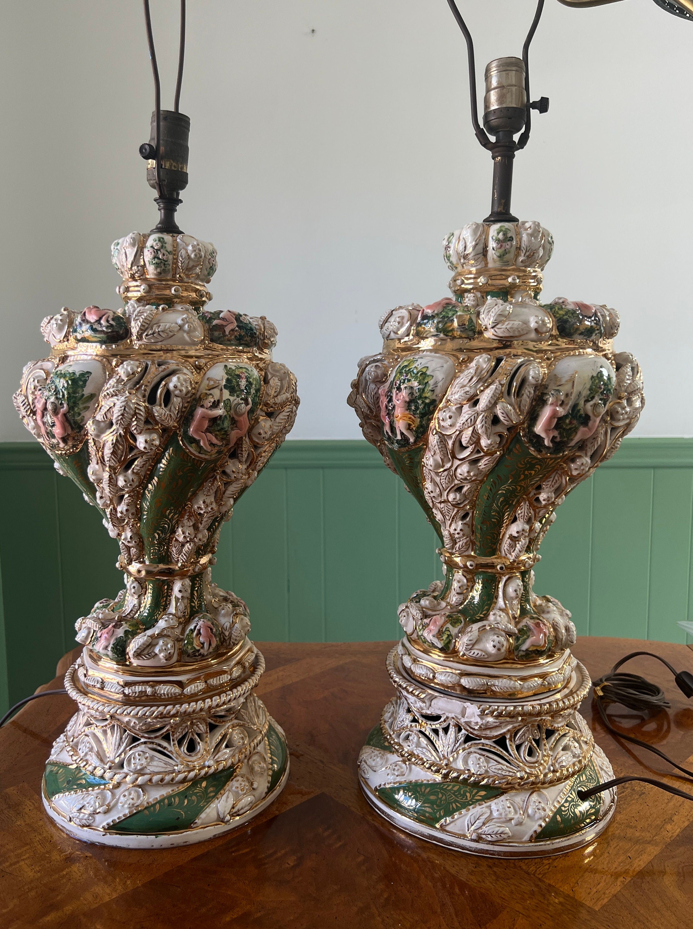 Pair Of Italian Baroque Style Cherub Porcelain Lamps Hand Painted Gilded Rococo Design Signed Brunocrafts Table Lighting Accent Decoration