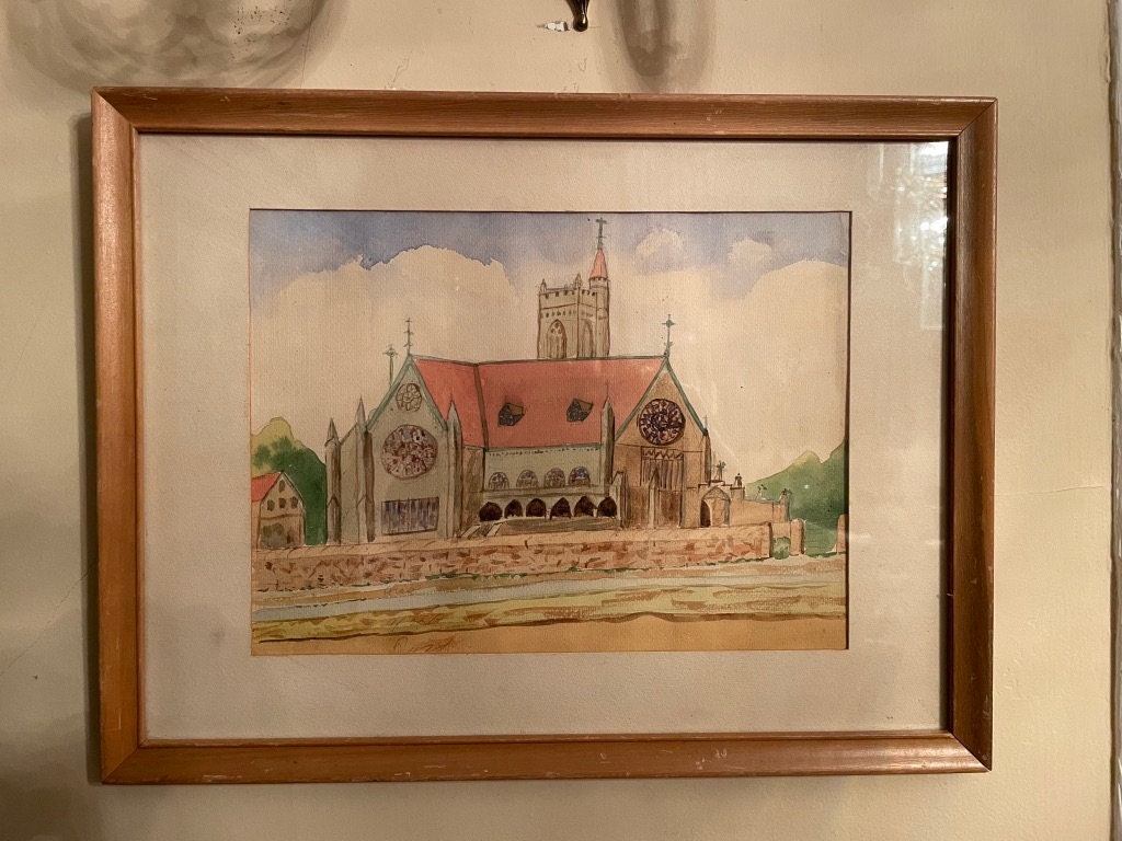 Vintage Watercolored Church Scene Hand Painting Framed