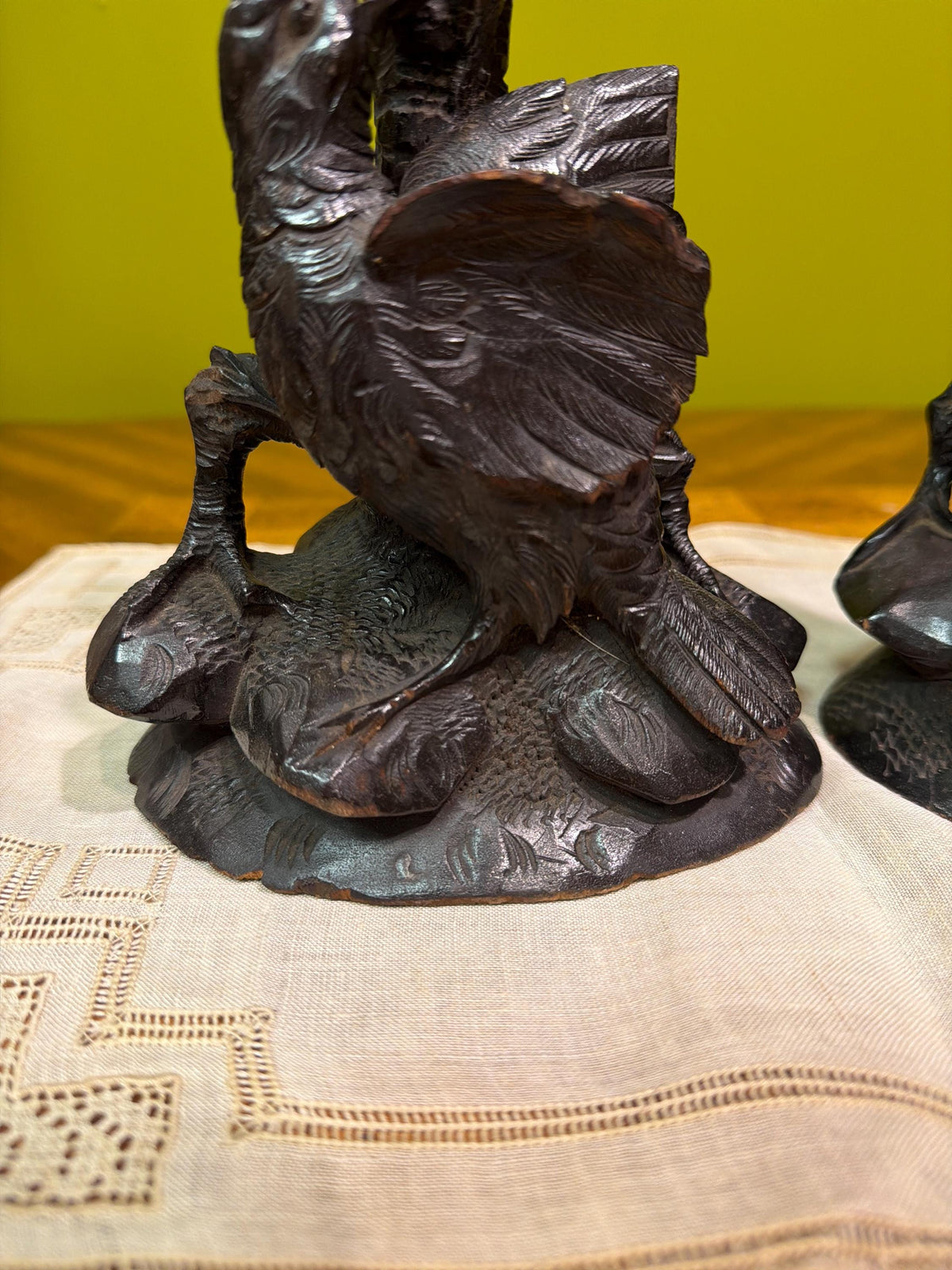 Antique Black Forest Hand Carved Bird Candlesticks Pair Oak Leaves Acorns Alpine Folk Art Wooden Candle Holders
