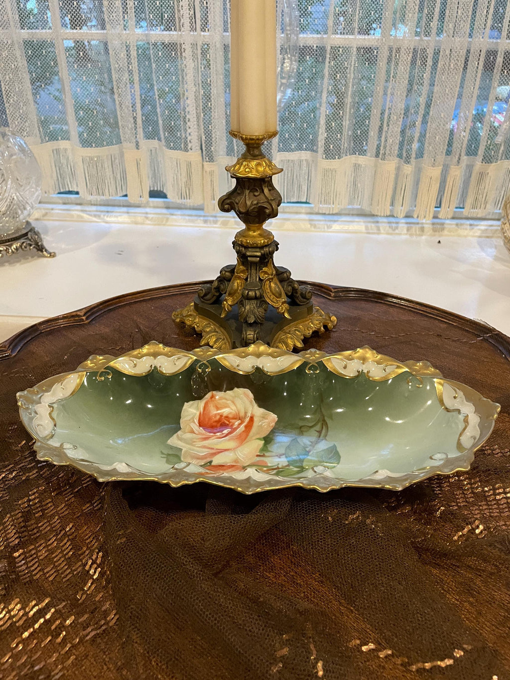 Antique Hand Painted Porcelain Bowl Pink Rose Design Ornate Gold Trim Art Nouveau Austrian Centerpiece Decorative Collectible Display Dish