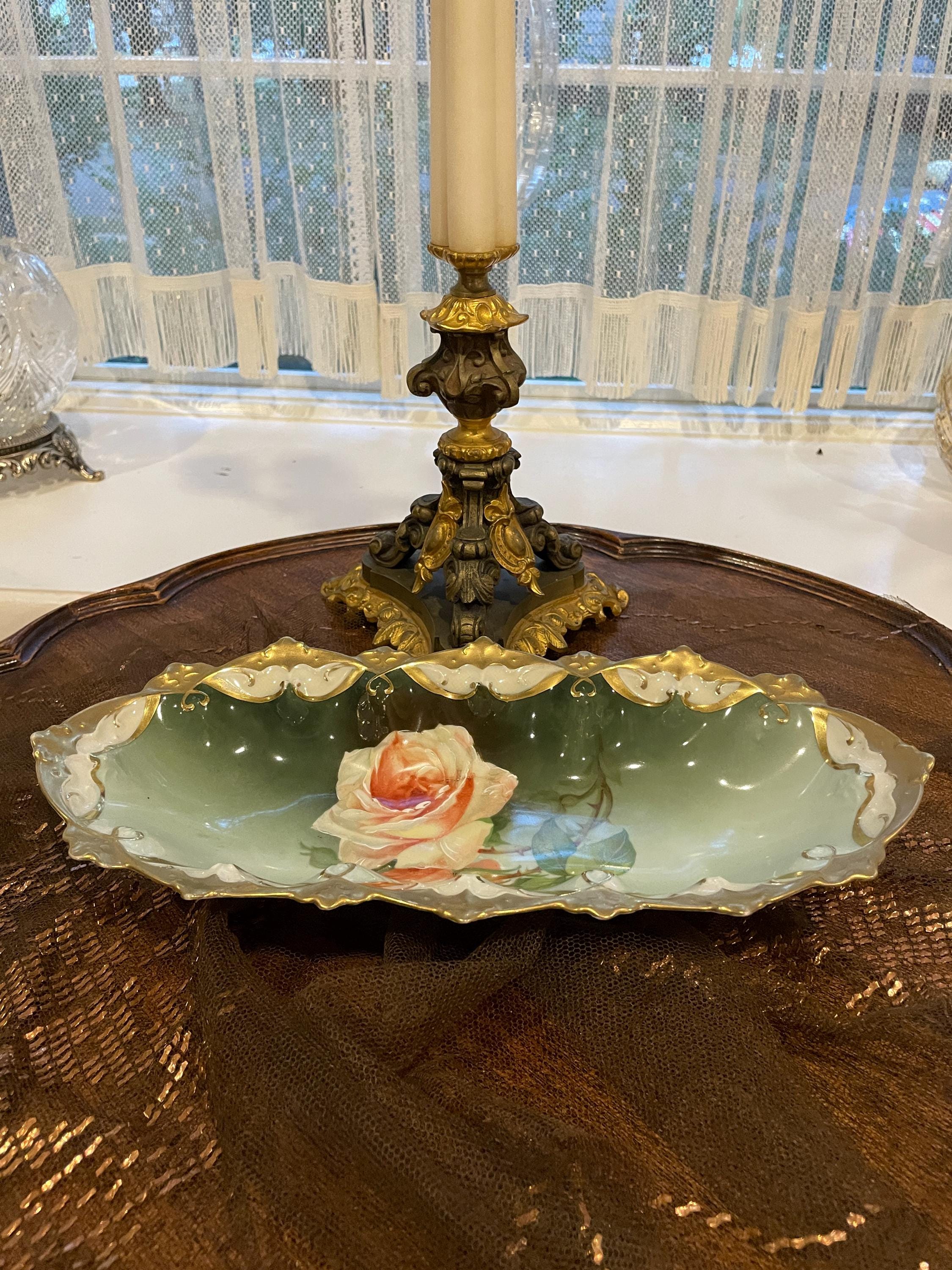 Antique Hand Painted Porcelain Bowl Pink Rose Design Ornate Gold Trim Art Nouveau Austrian Centerpiece Decorative Collectible Display Dish