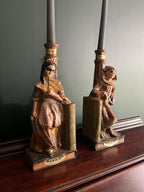 Rare Garnier French Bookend Pair Art Deco Ceramic Characters Candle Holder Unique Colorful Home Decoration Shelf Accent Conversation Piece