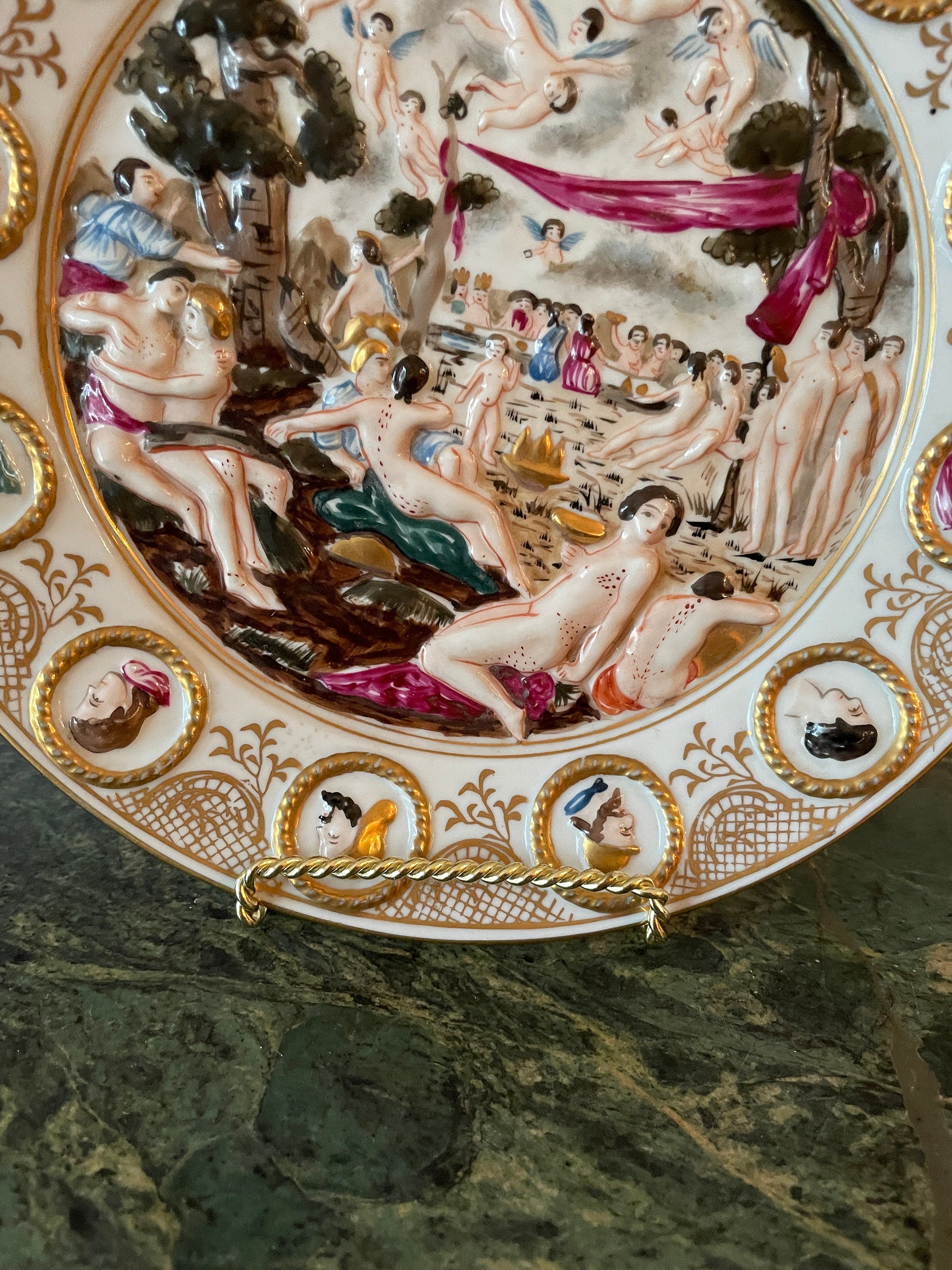 Antique Nude Scene Porcelain Plate Embossed Gold Border Mythological Bacchanal Style Collectible Display Hand Painted Rococo Decoration