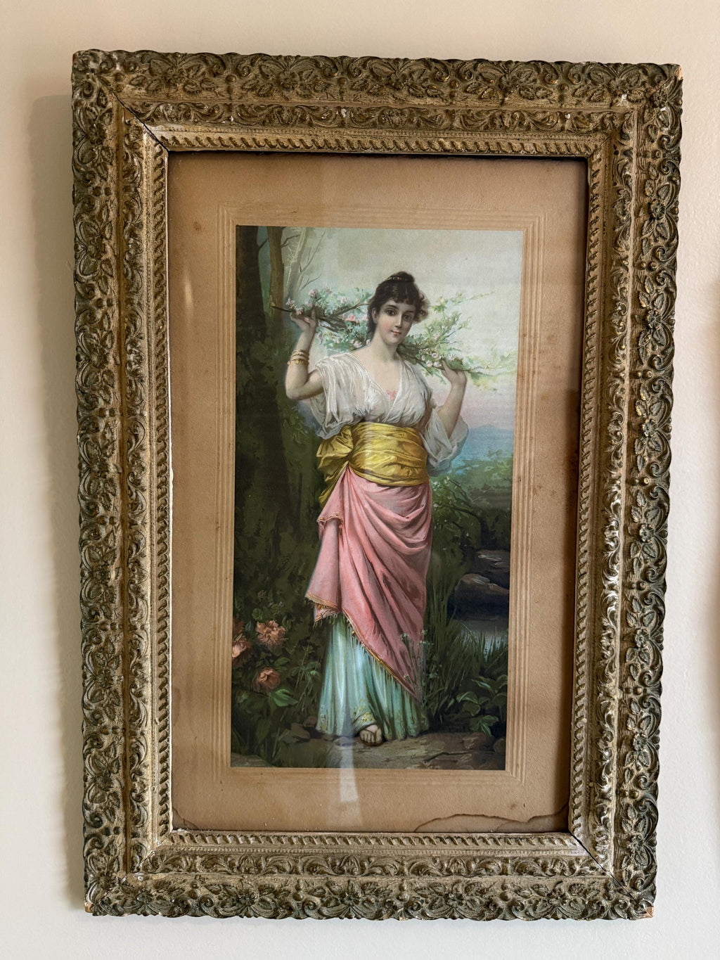 Antique Victorian Woman Paint on Plaque Framed Antique Victorian Framed Print Romantic Woman Flowers Ornate 19th Century Artwork Wall Decor