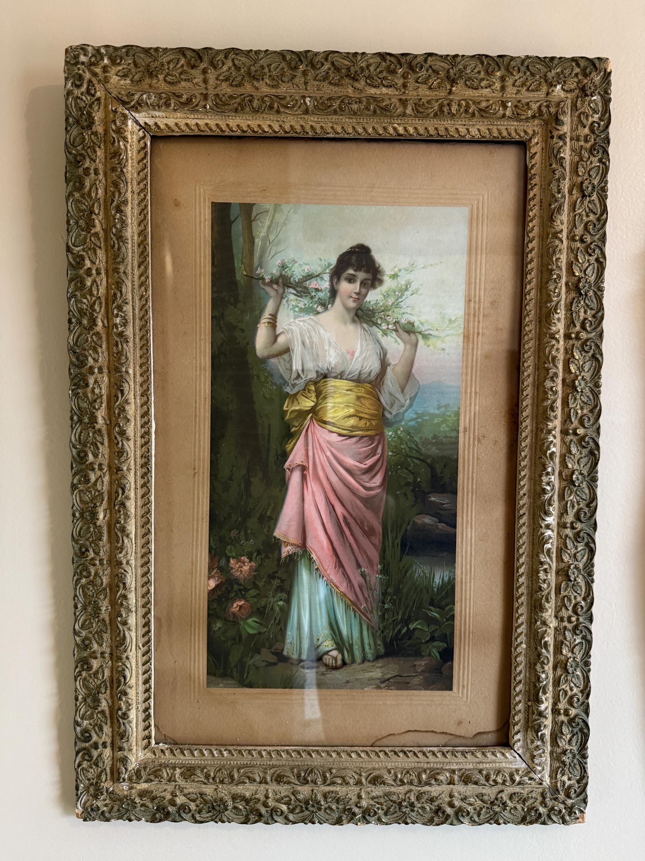Antique Victorian Woman Paint on Plaque Framed Antique Victorian Framed Print Romantic Woman Flowers Ornate 19th Century Artwork Wall Decor
