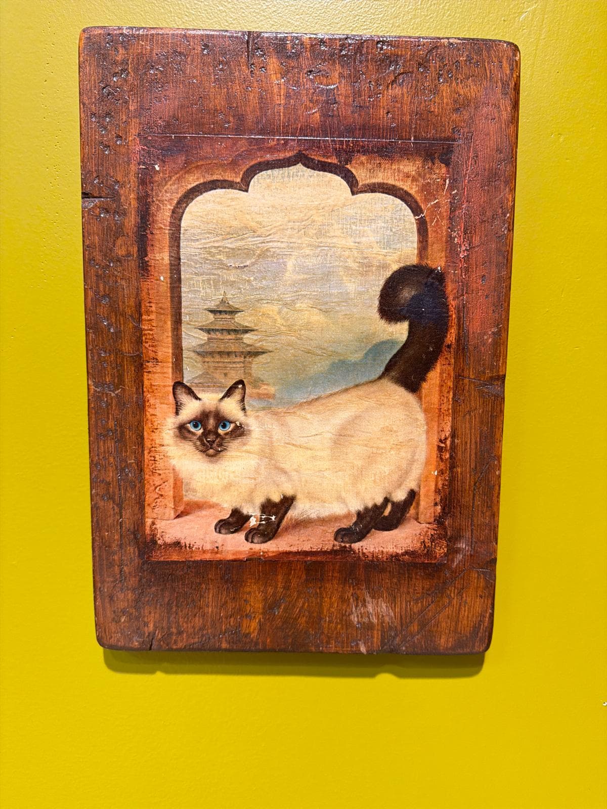 Vintage Style Siamese Cat Art Panels – Rustic Wood Mixed Media Wall Decor – Eclectic Boho Cat Lover Gift – Set of 2 Print transfer on wood