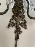 Pair of Antique 19th Century French Bronze Cut Crystal Prism 3 Arm Candlestick Wall Sconces Candelabra