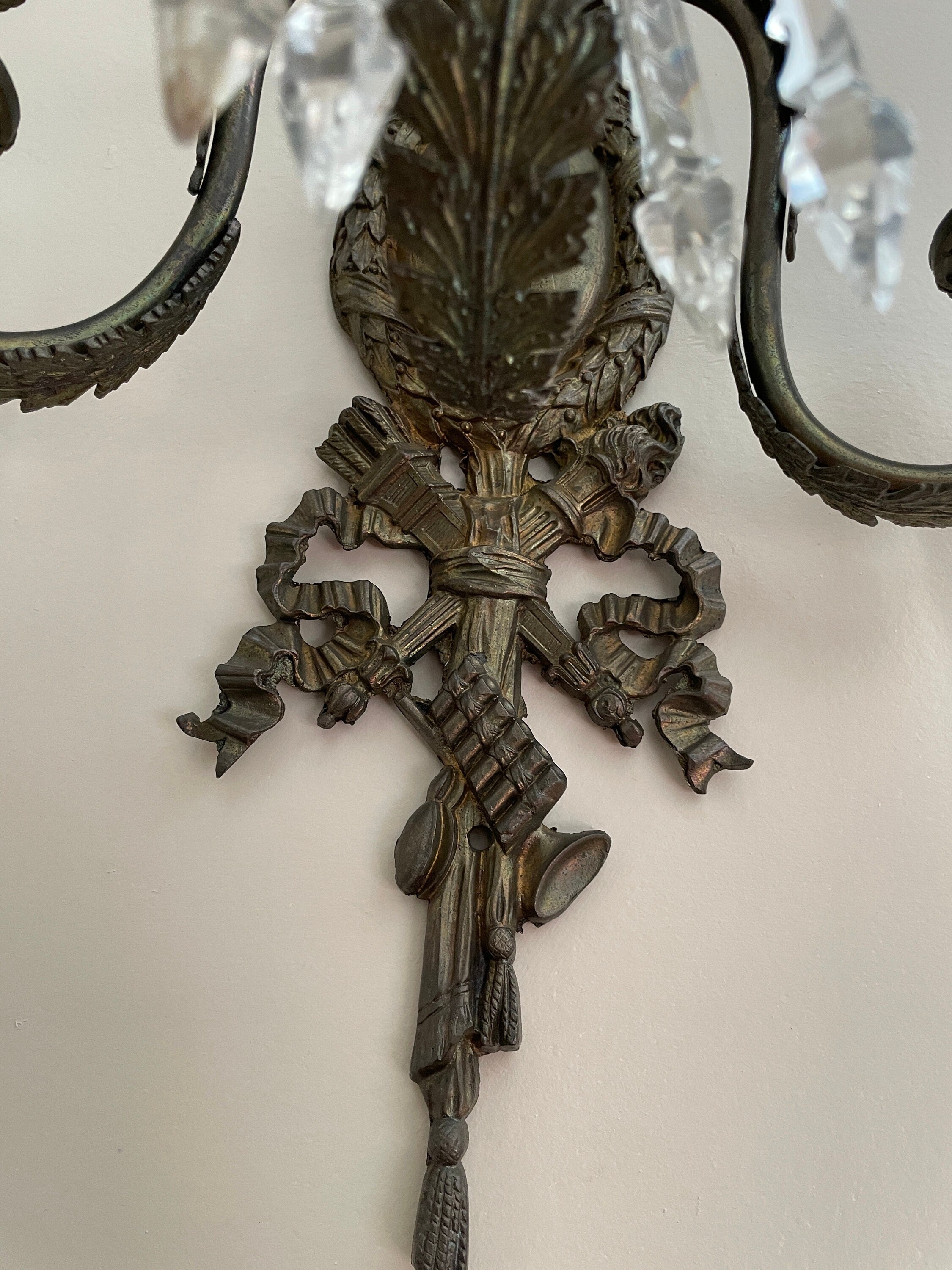 Pair of Antique 19th Century French Bronze Cut Crystal Prism 3 Arm Candlestick Wall Sconces Candelabra