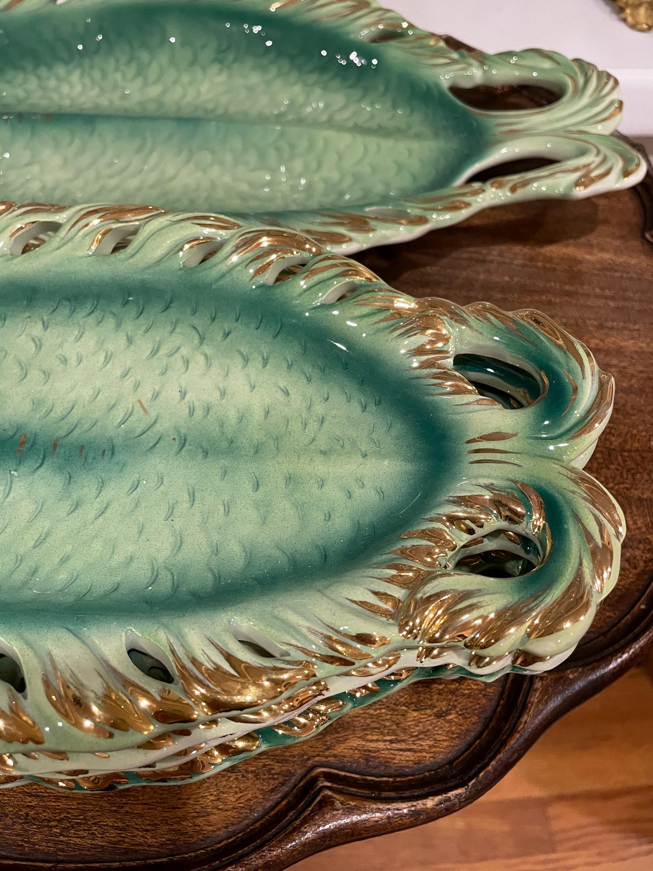 Vintage Green Fish Shaped Ceramic Serving Platter Set Hand Painted Green Gold Coastal Tableware Mid Century Collectible Dining Home Decor