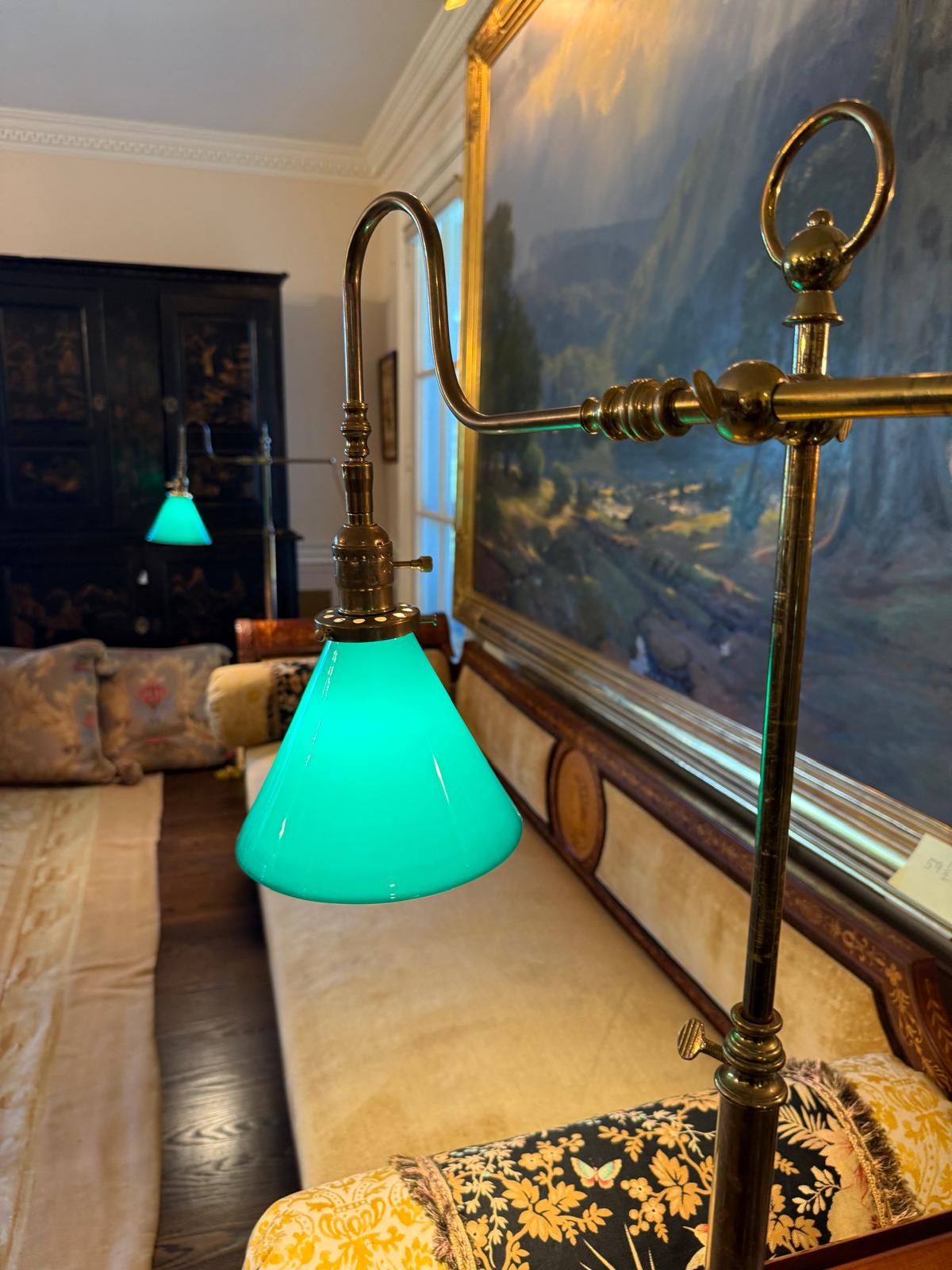 Antique Brass Floor Lamp, Emerald Green Glass Shade, Art Nouveau Library Lamp