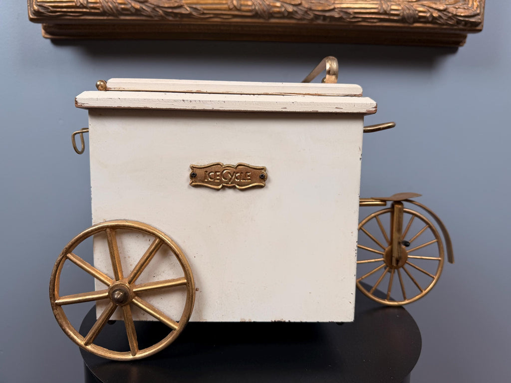 Vintage Ice Cycle Tricycle Ice Bucket Wine Cooler Bar Cart Brass & White Wood Barware