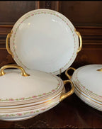 Limoges Old Abbey Porcelain Pink Floral Dinner Set Limoges Dinner Rim Plate Bowl Limoges Serving Dishes Gravy Tray Made in France 62 Pieces