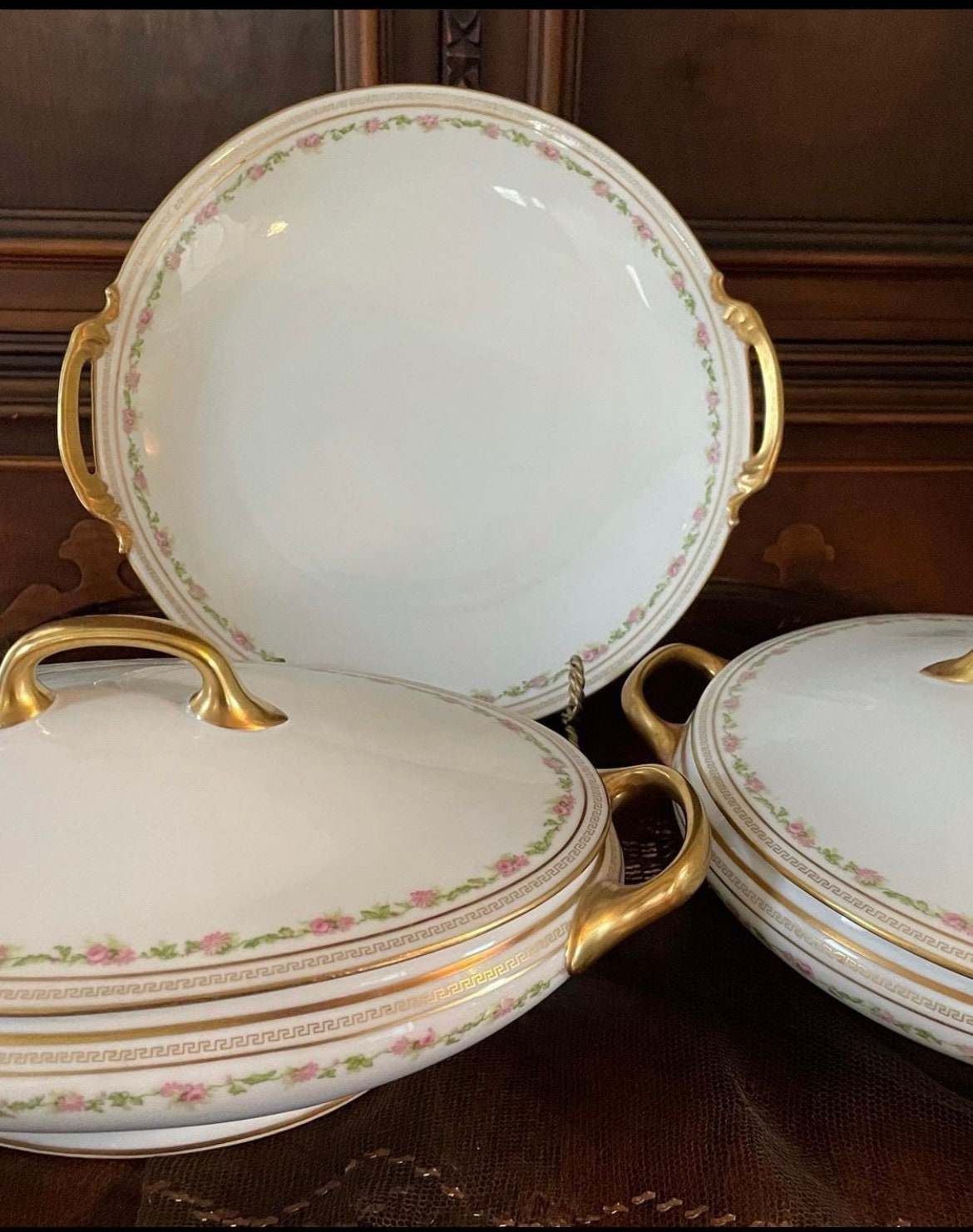 Limoges Old Abbey Porcelain Pink Floral Dinner Set Limoges Dinner Rim Plate Bowl Limoges Serving Dishes Gravy Tray Made in France 62 Pieces