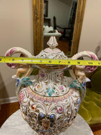 Hand Painted Italian Capodimonte Urn Rococo Cherub Nude Relief Mythological Decoration Baroque Porcelain Centerpiece Collectible Masterpiece