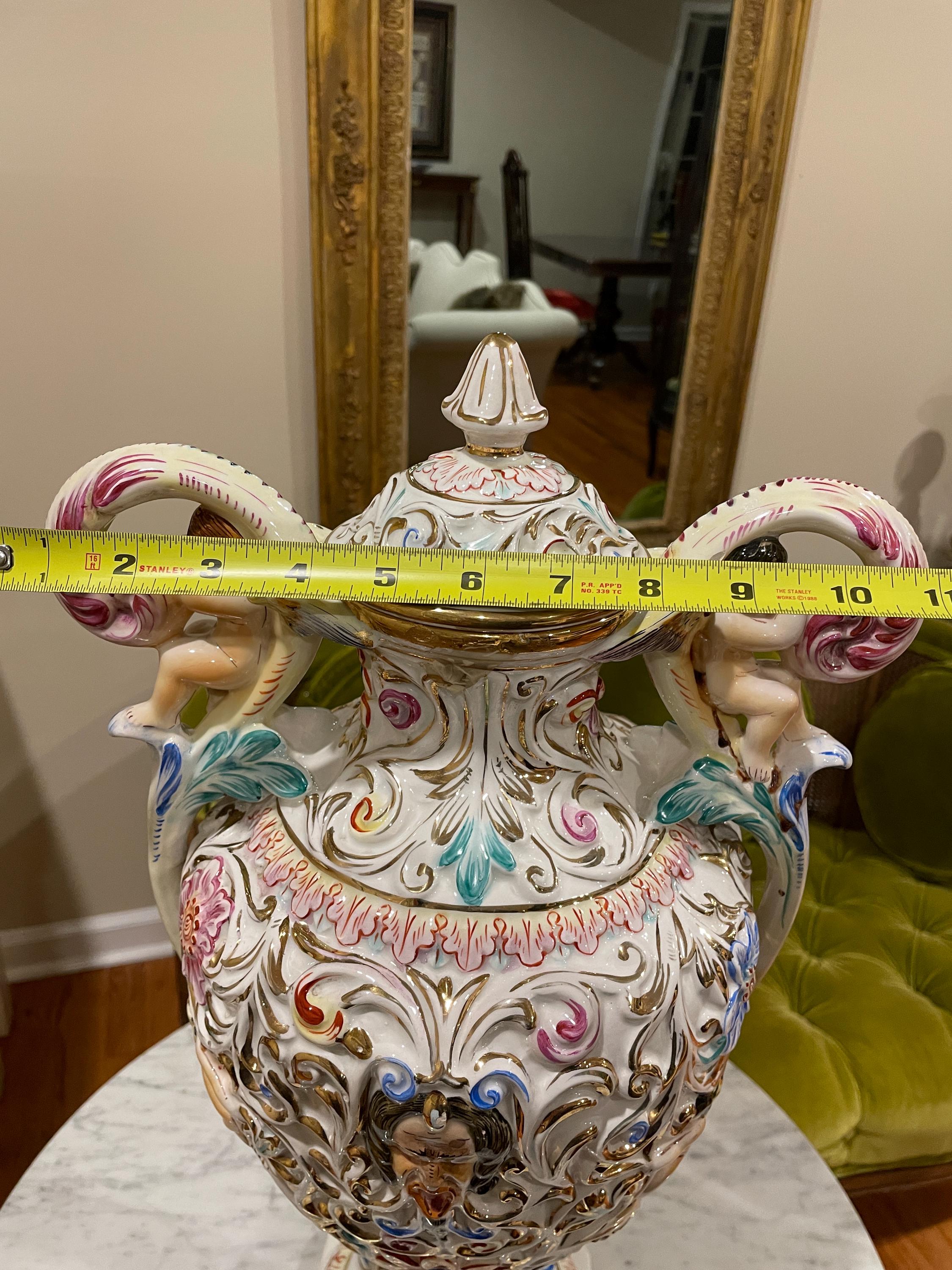 Hand Painted Italian Capodimonte Urn Rococo Cherub Nude Relief Mythological Decoration Baroque Porcelain Centerpiece Collectible Masterpiece