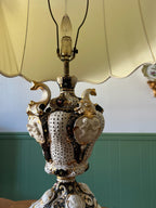 Baroque Porcelain Table Lamps Pair Ornate Cherub Motif Black White Gold Embellished Romantic Rococo Style Sculptural Lighting Decoration