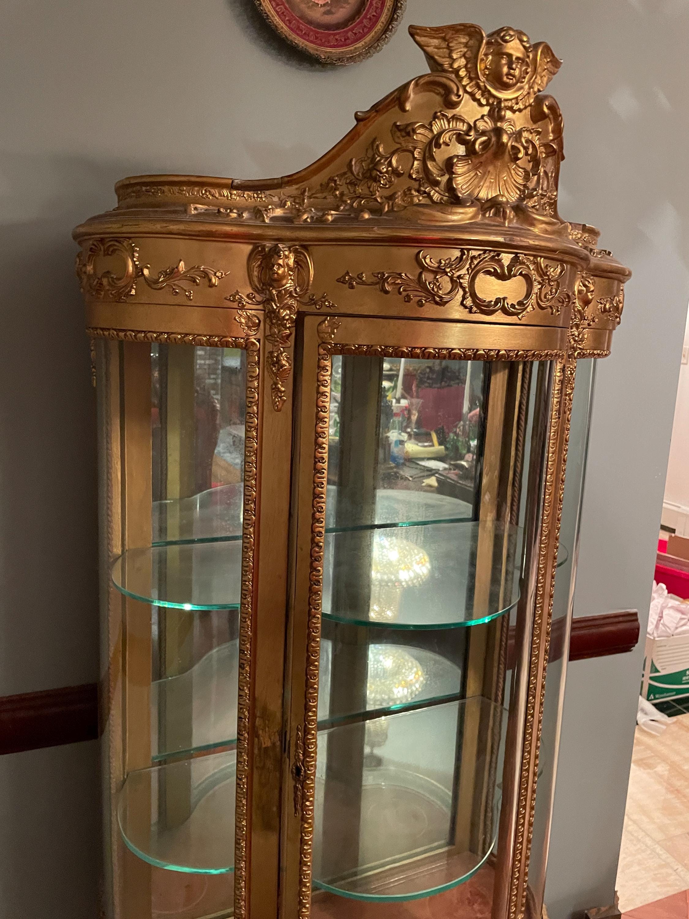 Victorian Wood Gilded Glass Display Cabinet Curved Glass Antique Showcase Shelves Gold Trimmed Curio Cherub Home Decor Elegant Accent Piece