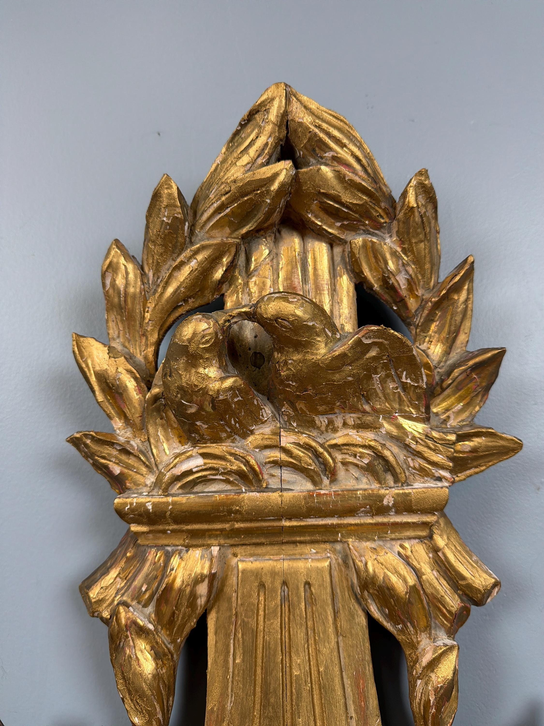 Antique French Giltwood Wall Clock, Carved Gold Leaf Lovebird Clock, Louis XVI Neoclassical Decor