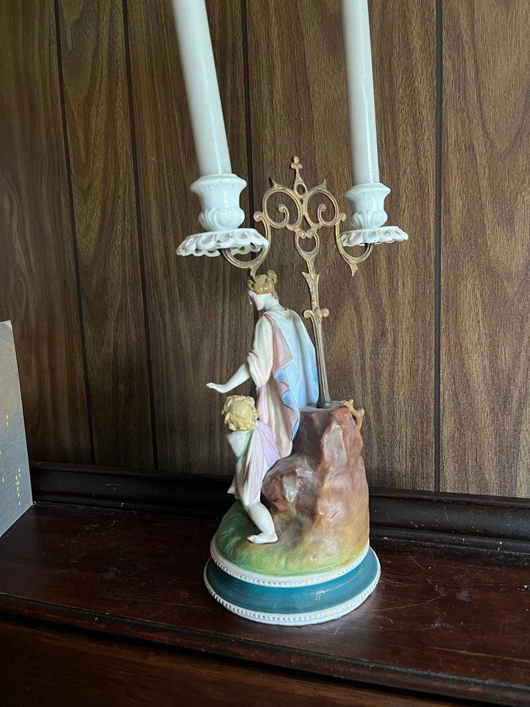 1900s Victorian Porcelain Figurine Girl with Cherub Candlesticks Candelabra