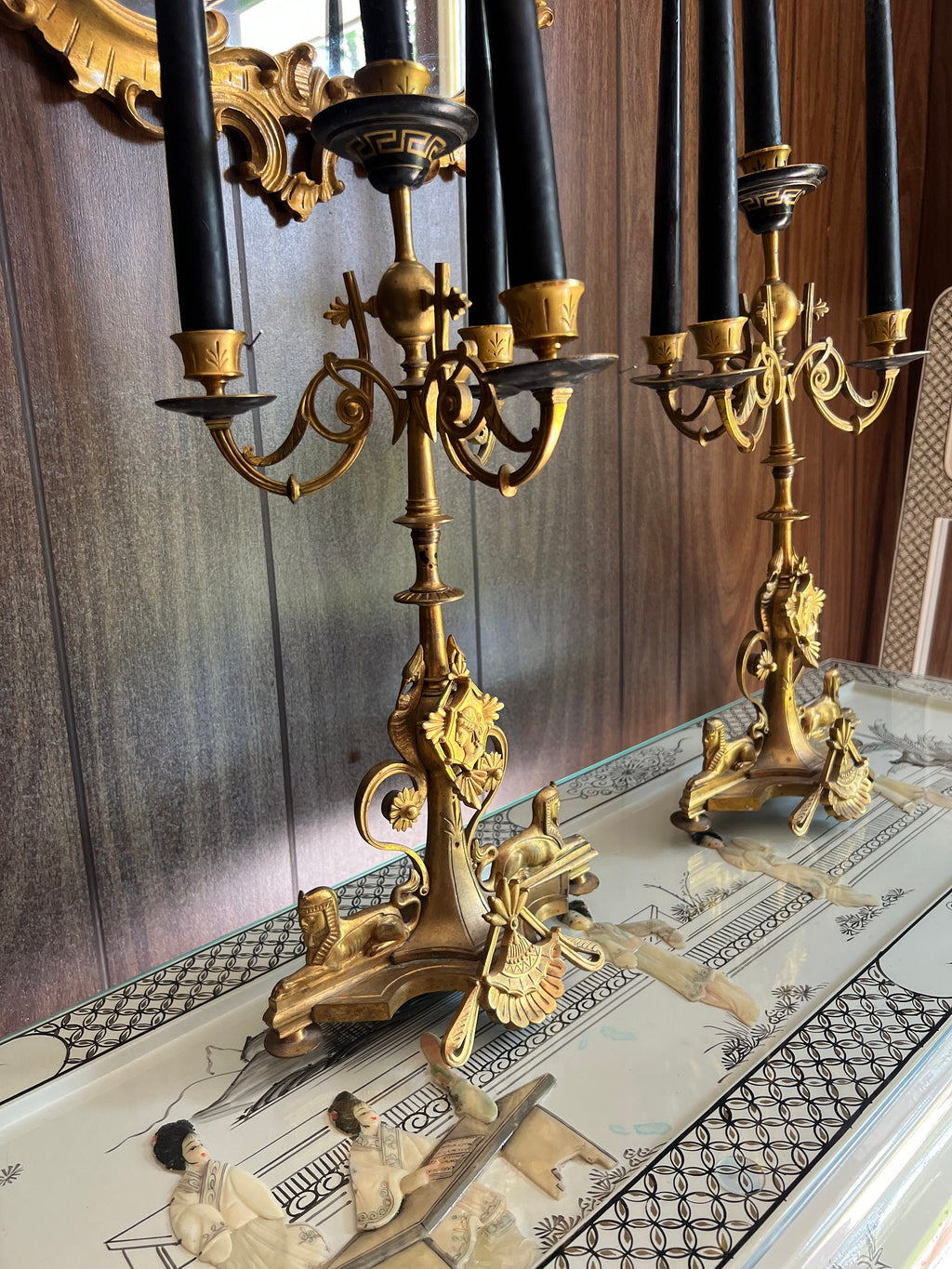 Pair of Empire 5 Light Brass Gold Black Candelabra Unique Sphinx Design Candlesticks Candleholer
