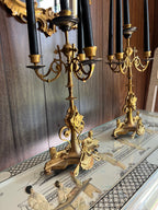 Pair of Empire 5 Light Brass Gold Black Candelabra Unique Sphinx Design Candlesticks Candleholer