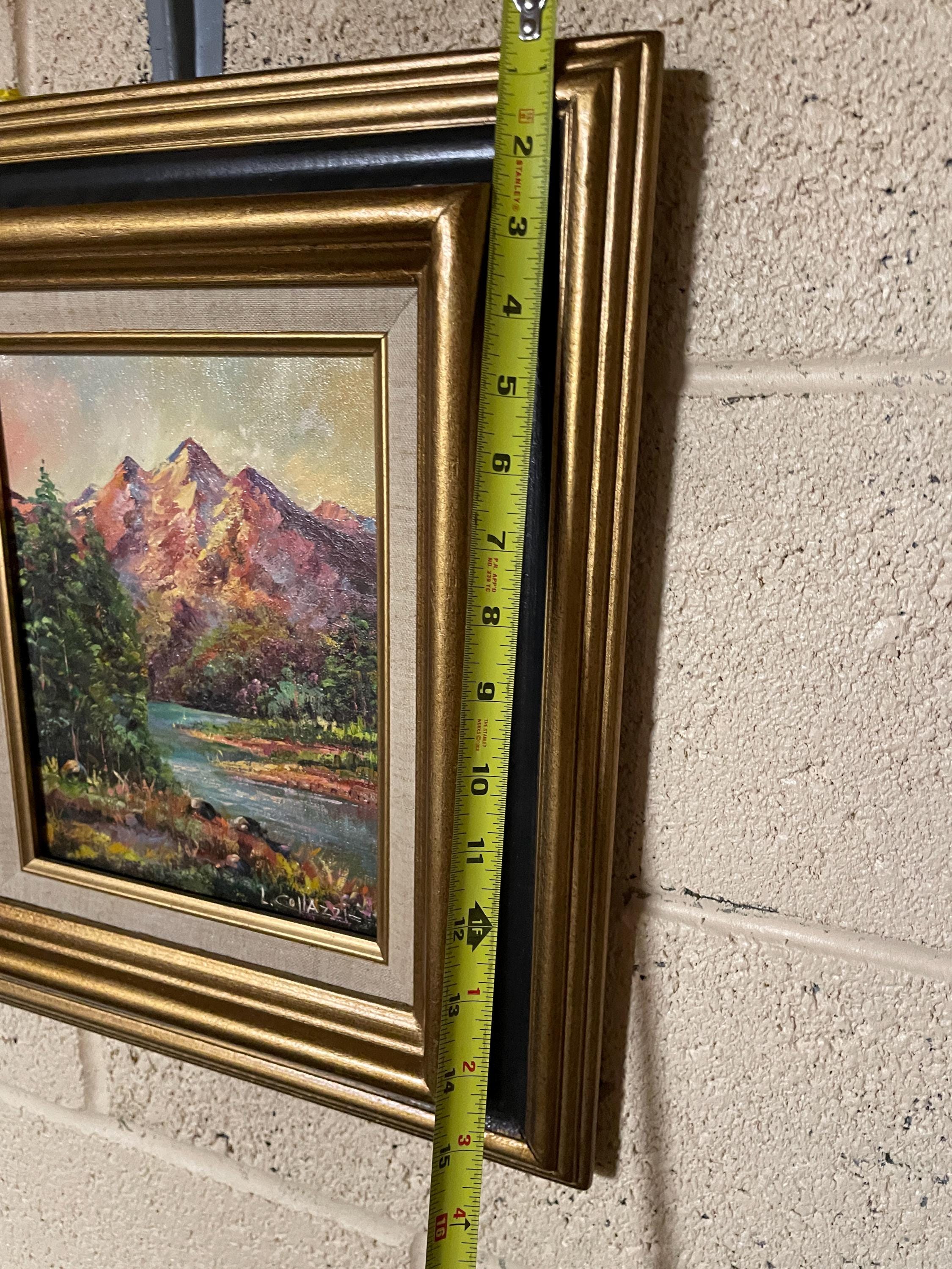 Framed Mountain Landscape Oil Painting Wall Art Nature River Scene Signed L Collazzi Textured Canvas Rustic Cabin Decoration Collectible