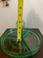 Vintage Green Glass Divided Serving Tray Elegant Round Centerpiece Handle Design Etched Laurel Pattern Entertaining Tableware Serving Dish