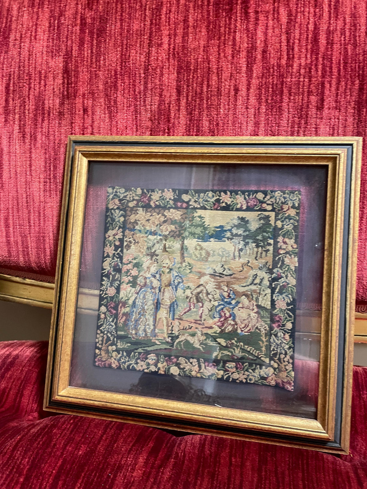 Vintage Handcrafted Needlepoint Tapestry Art Gold Frame Romantic Pastoral Scene European Wall Decoration Antique Style Embroidery Picture