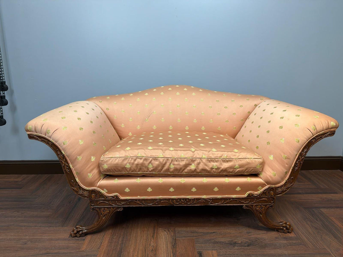 Antique Carved Wood Loveseat Silk Fabric Sofa French Style Peach Upholstery Gilded Motif Curved Back Vintage Settee Luxurious Furniture