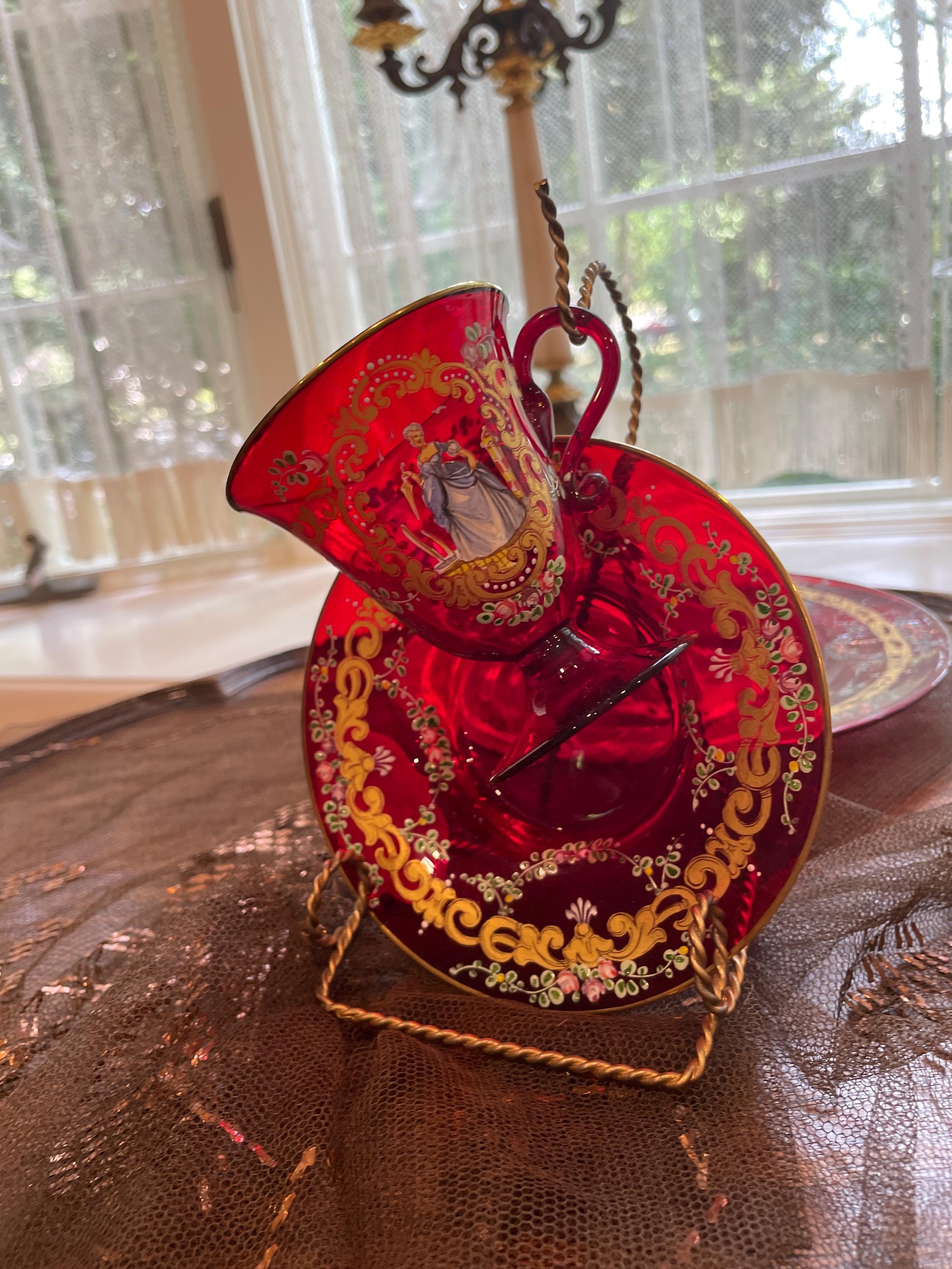 Bohemian Cranberry Glass Demitasse Cup Saucer Plate Set Gold Gilt Hand Painted Portrait Rococo Style Antique Display Tableware Décor