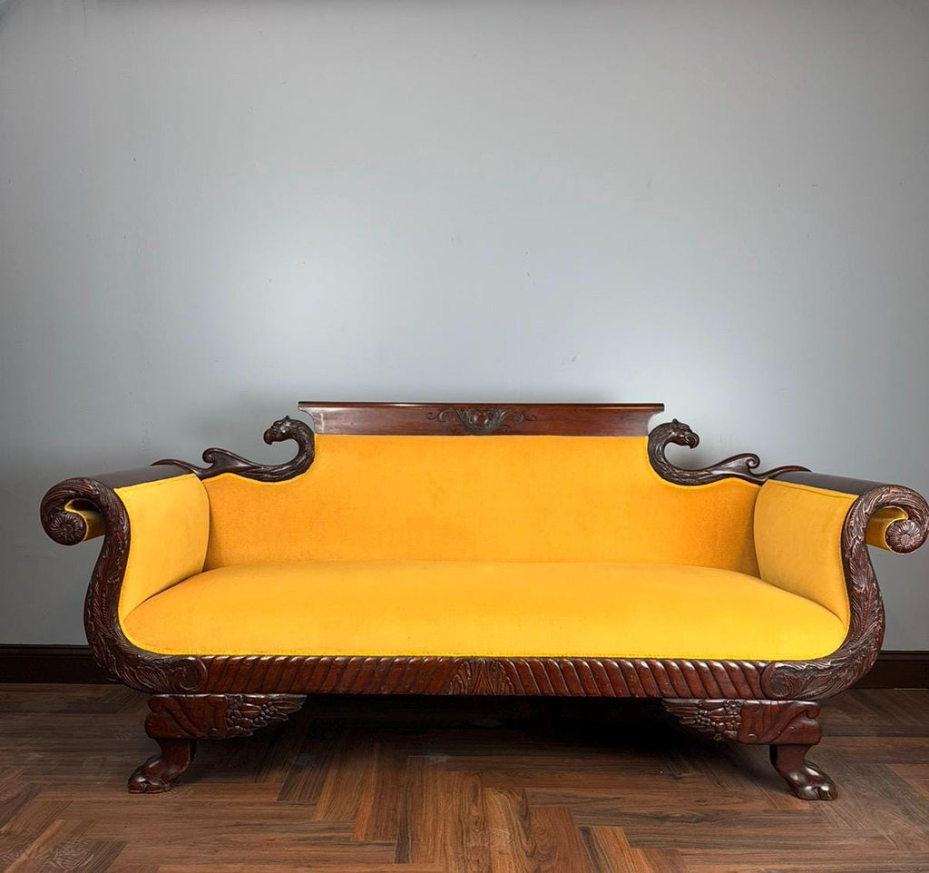 American Empire Revival Mahogany Eagle Arm Sofa – Hand Carved Statement Sofa