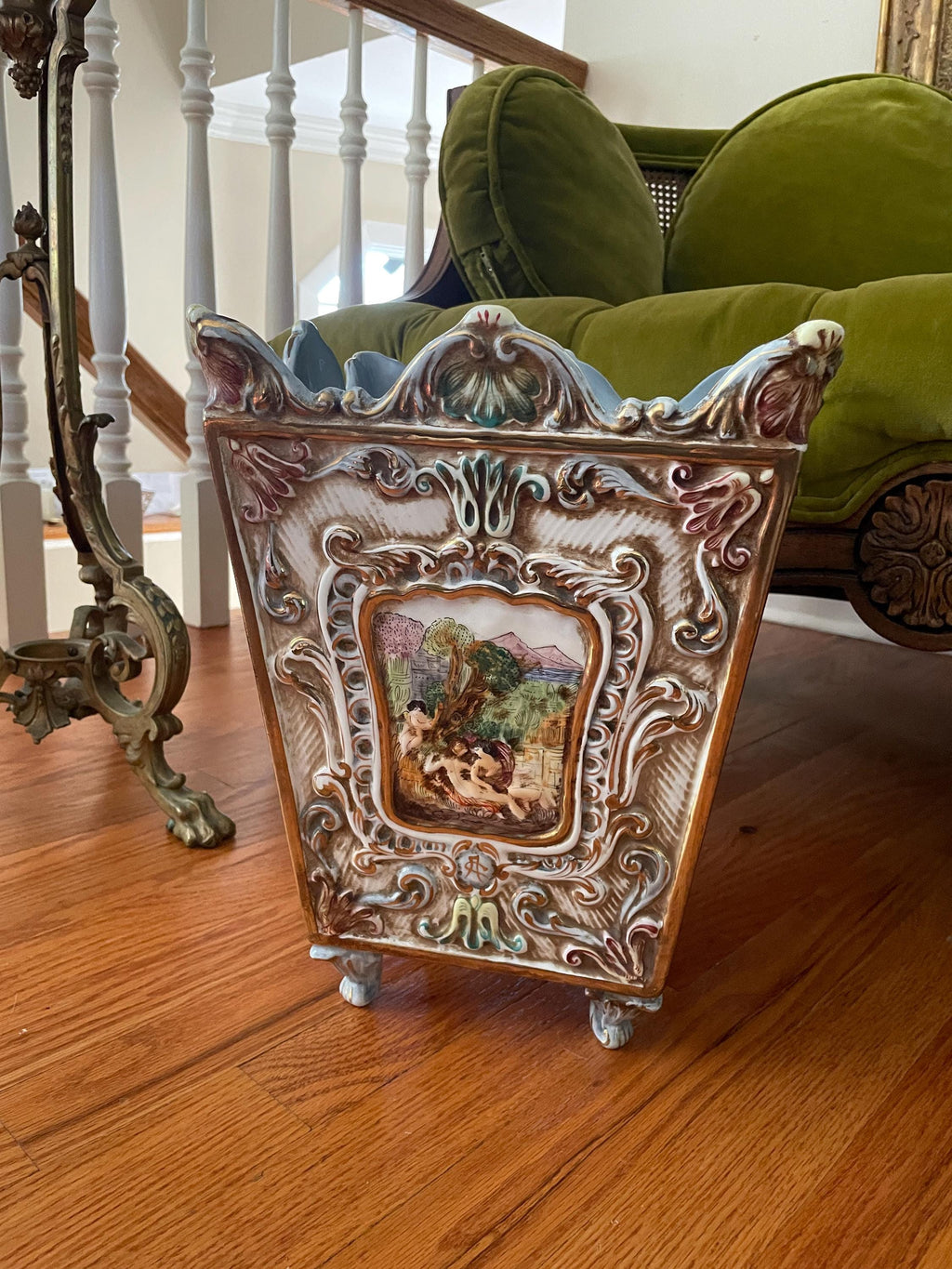 Hand Painted Italian Ceramic Planter Rococo Style Decorative Footed Cachepot Cherub Scene Ornate Vase Home Decoration Art Pot Unique