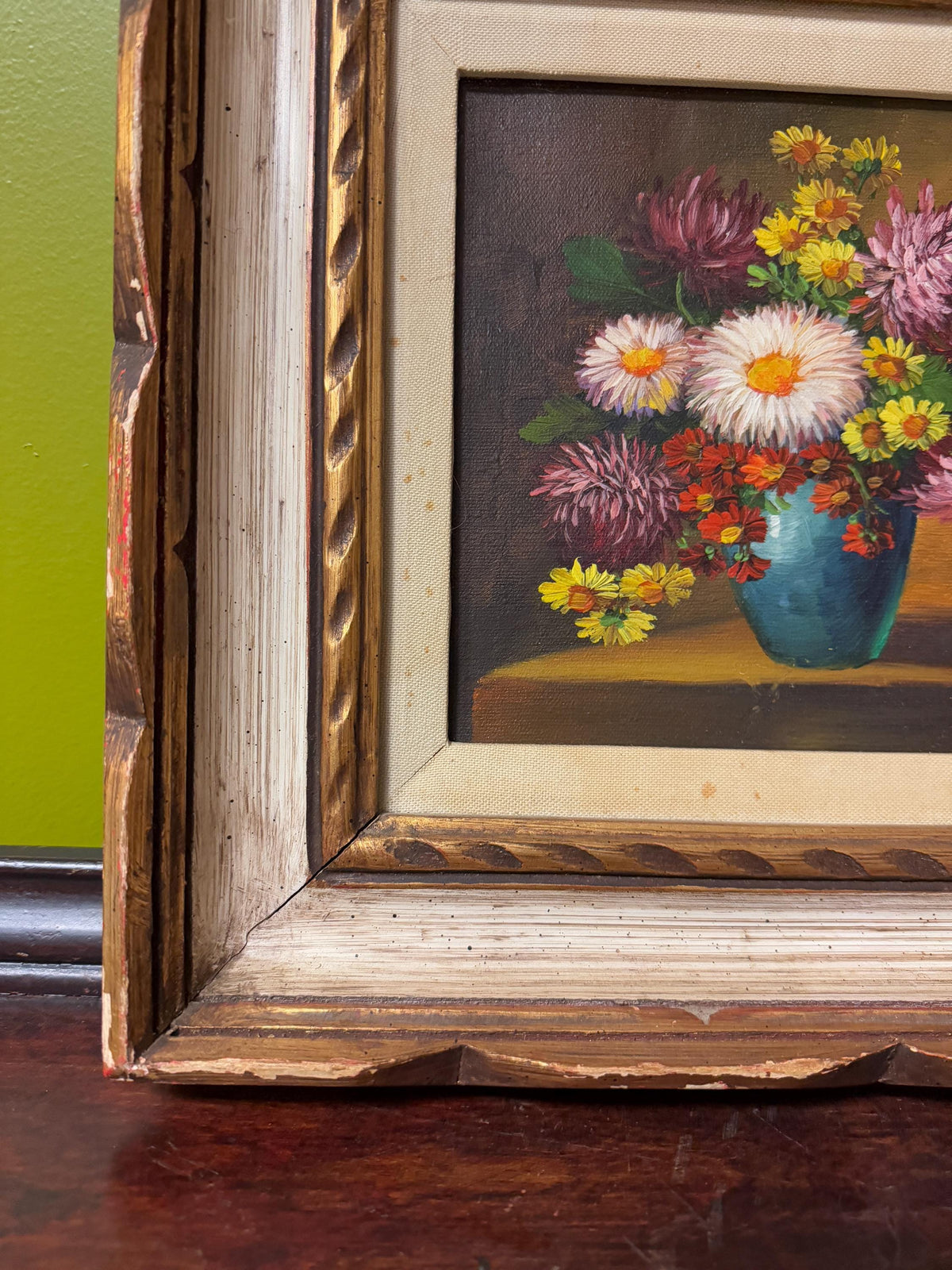 Vintage Floral Still Life Oil Painting in Ornate Wood Frame, Hand-Painted Chrysanthemums in Blue Vase, Farmhouse Wall Art Signed