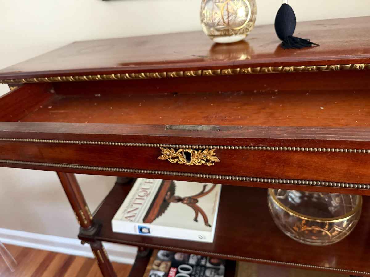 Antique French Empire Mahogany Console Table Three Tier Gilt Bronze Mounts Elegant Hallway Entryway Display Stand Decorative Furniture