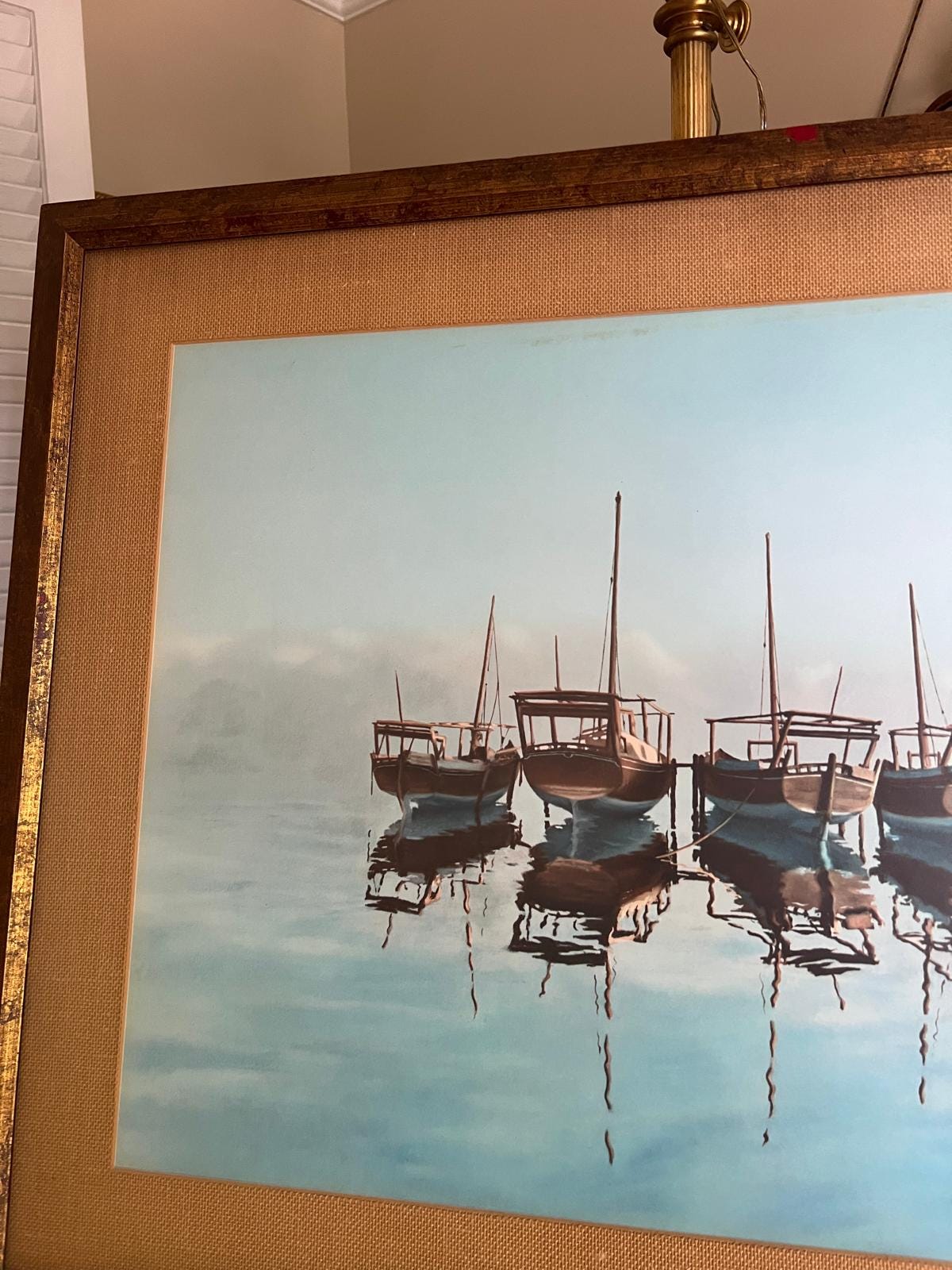 Vintage Framed Painting Serene Coastal Scene Boats Reflection Elegant Gold Frame Nautical Artwork Living Room Bedroom Office Home Decoration