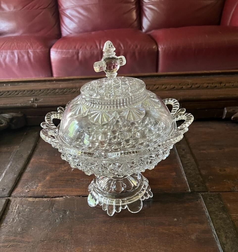 Vintage Pedestal Cut Glass Candy Dish Lidded Crystal Compote Elegant Pressed Glass Centerpiece Ornate Decorative Bowl Table Display