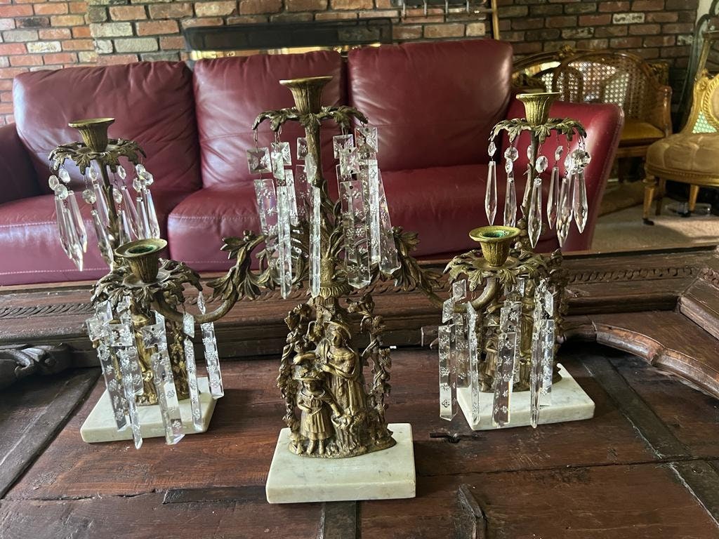 Antique Set of 3 Victorian Bronze Candlestick Girandole  Figural Ornate Crystal Prism  Marble Base Candleholder Mid 1800s