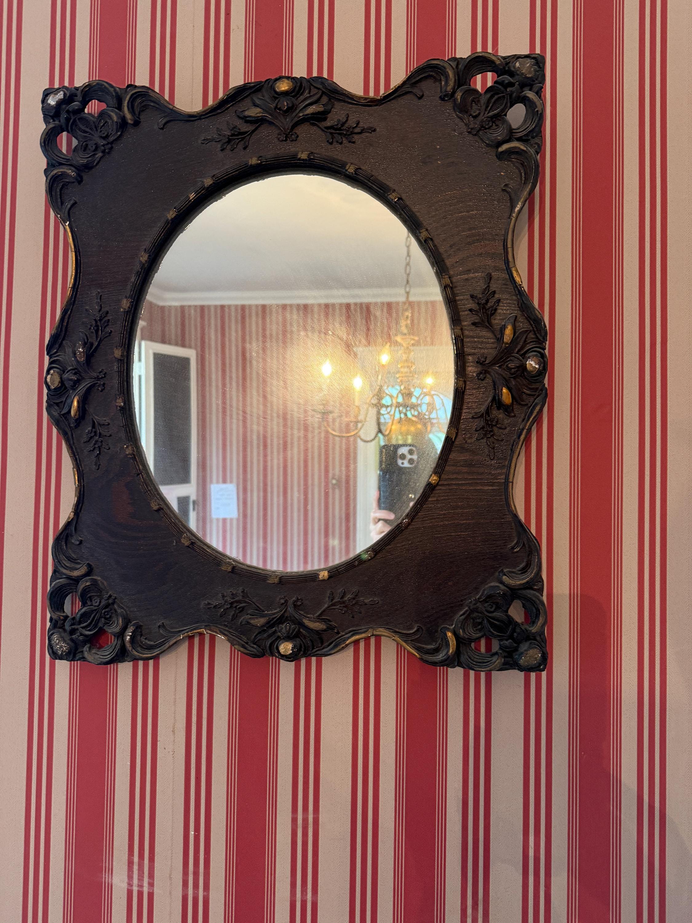 Antique Victorian Wall Mirror Ornate Carved Oval Mirror Gilded Accents Gothic Gesso Rococo Decor Dark Wood Baroque French Luxurious Mirror