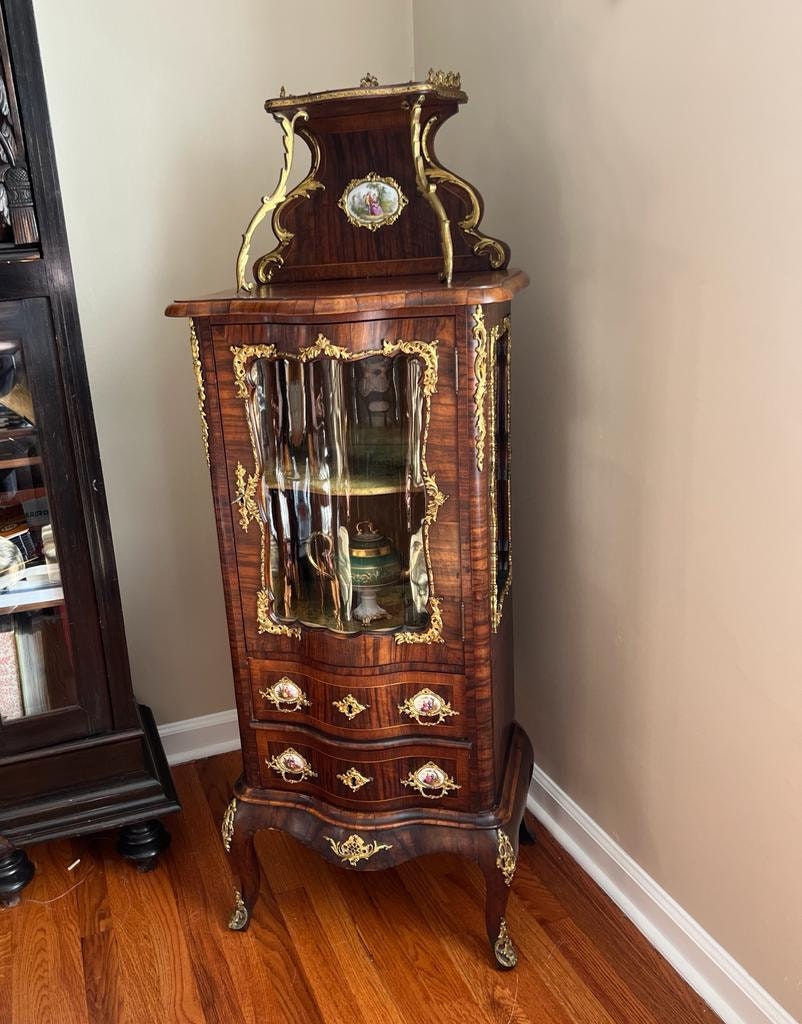 19th Century French Rosewood & Marquetry Louis XV Style Bombe Vitrine Bronze Ormolu Curio Cabinet Hand Painted Porcelain Plaques Home Decor