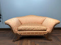 Antique Carved Wood Loveseat Silk Fabric Sofa French Style Peach Upholstery Gilded Motif Curved Back Vintage Settee Luxurious Furniture