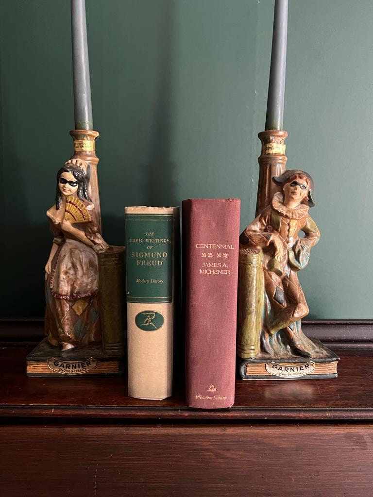 Rare Garnier French Bookend Pair Art Deco Ceramic Characters Candle Holder Unique Colorful Home Decoration Shelf Accent Conversation Piece